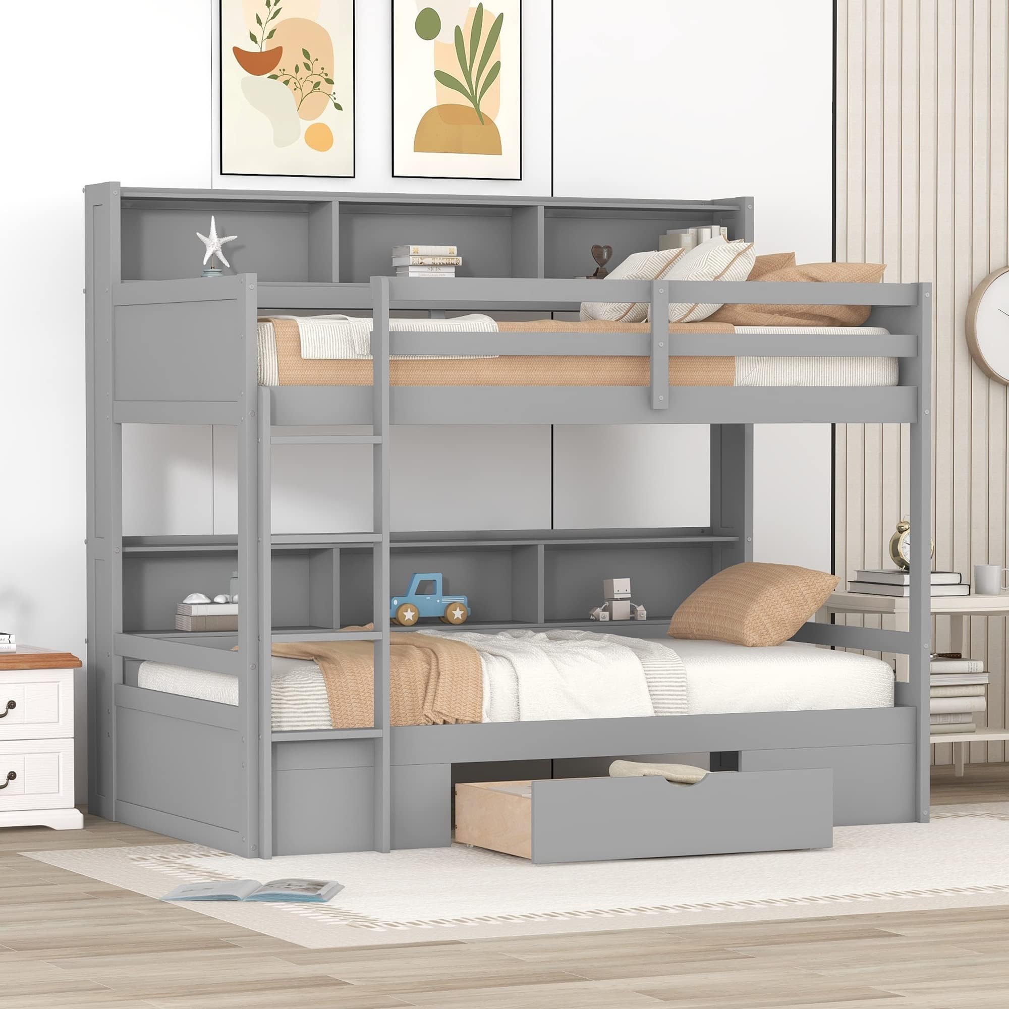 Twin Size Bunk Bed with Storage Drawer and Built-in Shelves Beside Bed, Wood Bunk Bed Frame with Safety Guardrail for Kids Teens Adults, Multi-Functional Space-Saving Design (Gray-Shelves)