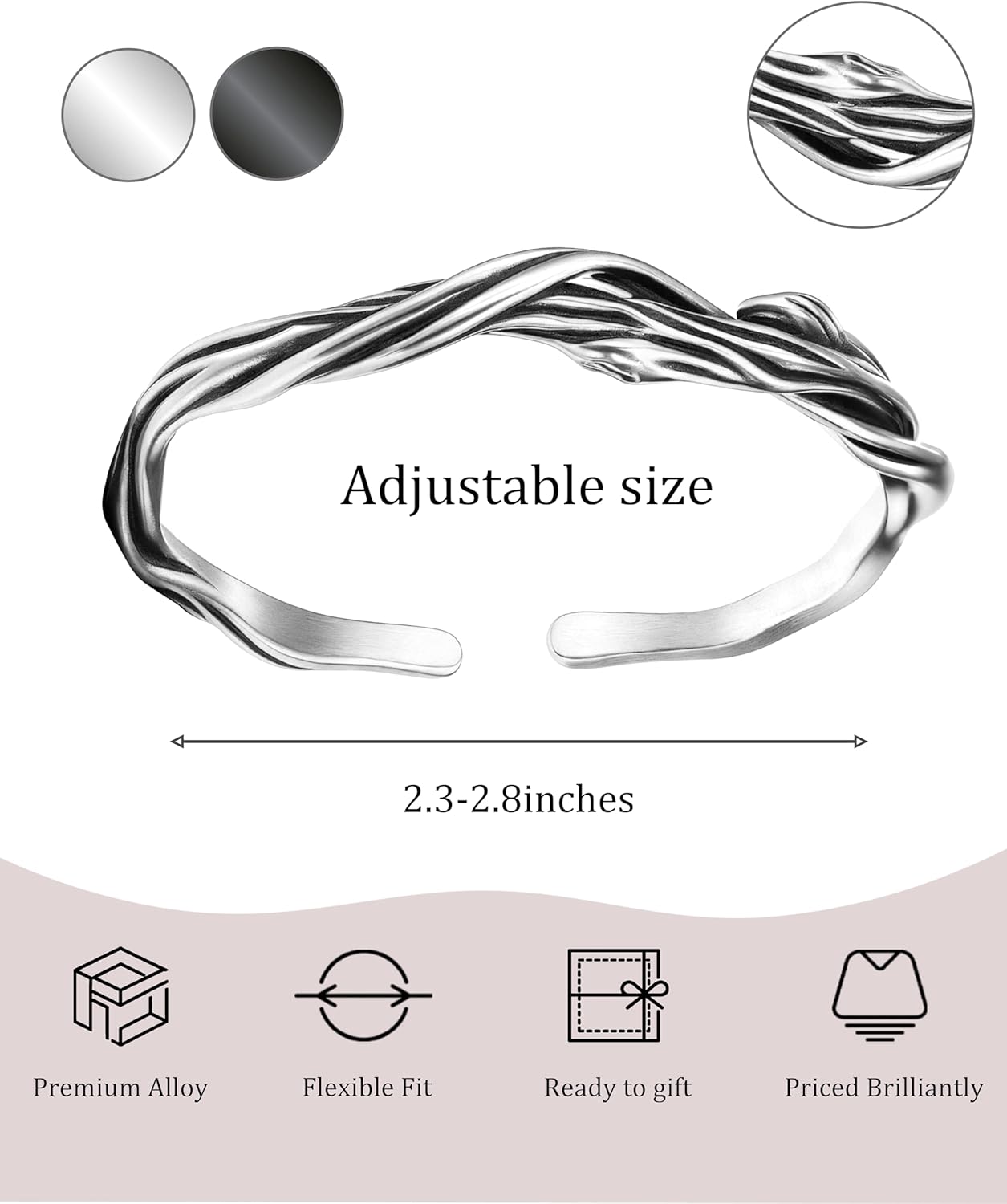 Handmade 925 Sterling Silver Vintage Bangle with Wood Grain Design for Women,Twisted Silver Carving Open Cuff Bangle Bracelet, Adjustable Open Retro Jewelry Gift for Women Mom Mothers Day - Image 4