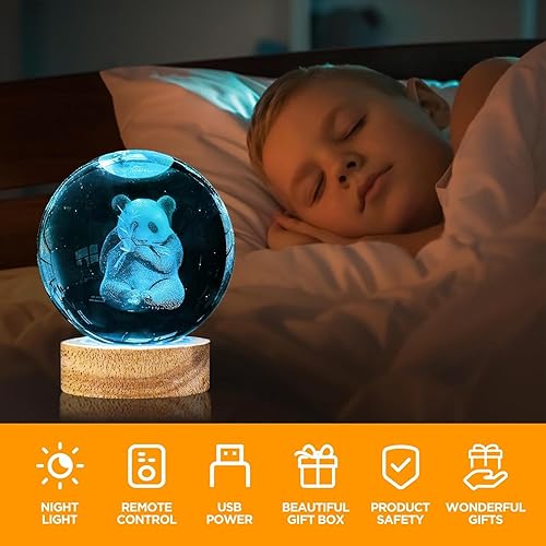 Miniatura 6 de Luz nocturna de bola de cristal de panda 3D con base de madera LED de 16 colores, grabado láser 3D, lámpara de noche de bola de cristal holográfica,