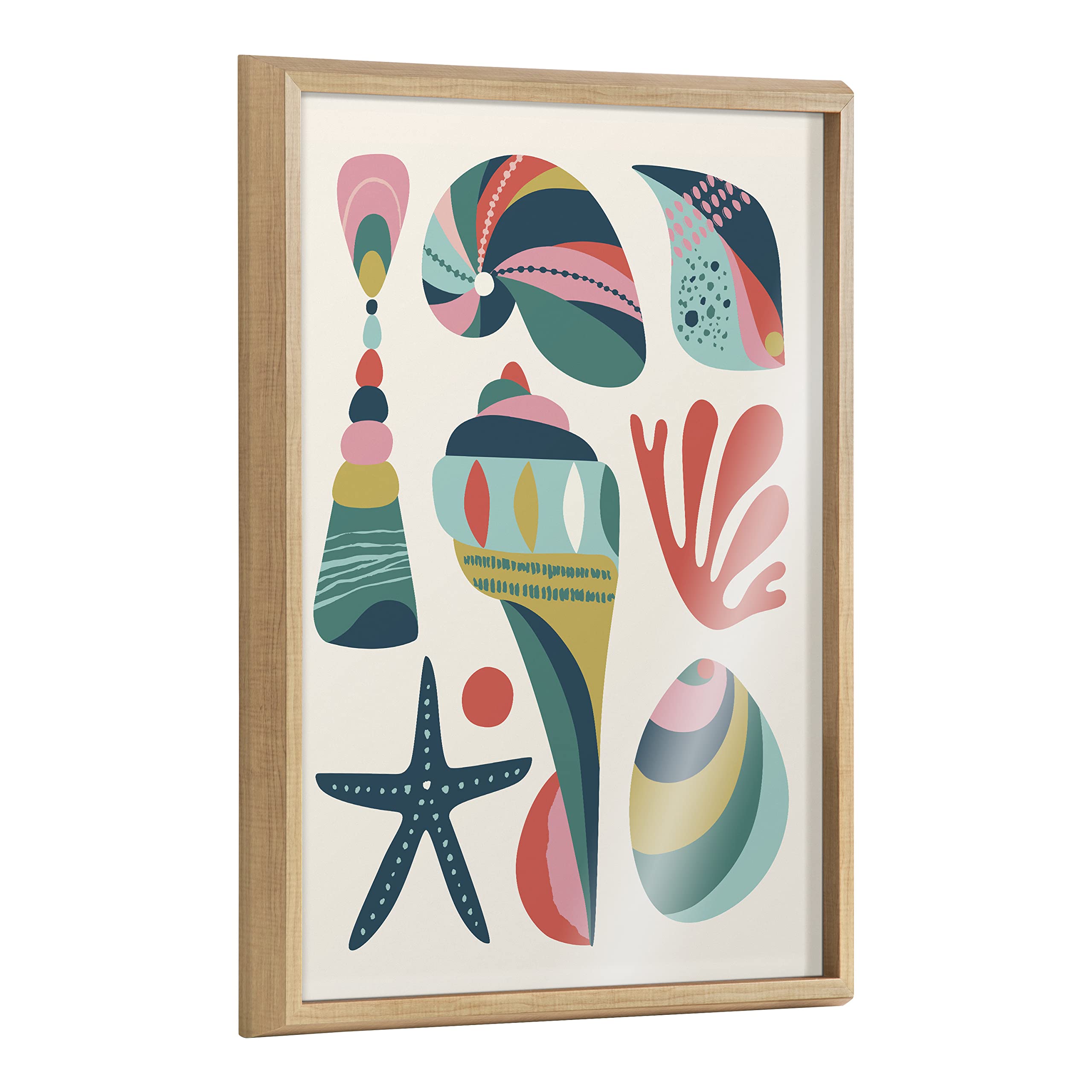 Kate and Laurel Blake Modern Colorful Seashells Framed Printed Glass Wall Art by Rachel Lee of My Dream Wall, 18x24 Natural, Decorative Colorful Bathroom Art