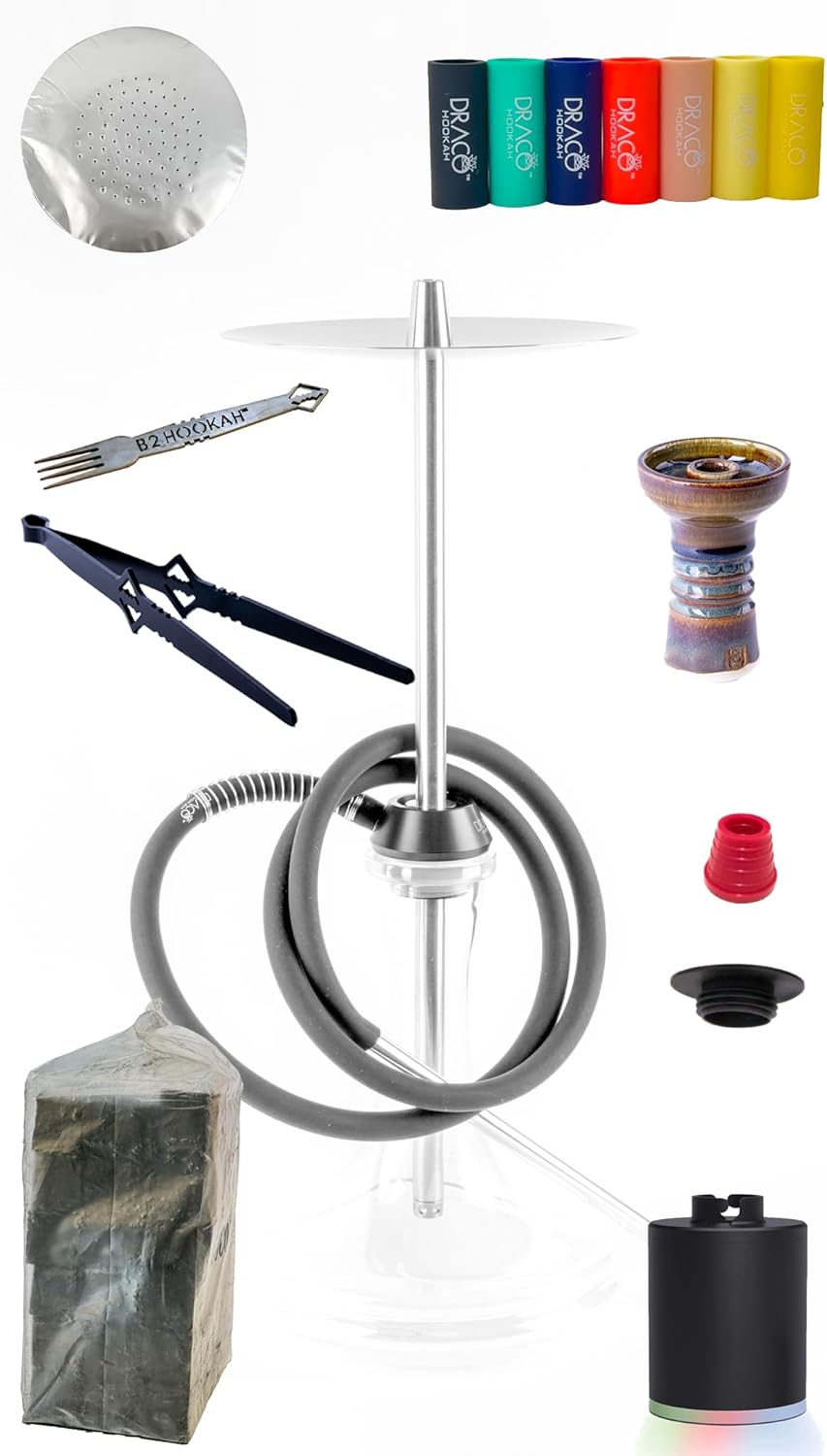Premium Hookah Set - Draco Hookah Bundle includes Stainless Steel Pipe, Tray, Silicone Hose, Tongs, B2 Packing Fork, Hand Made Clay Bowl, Silicone Mouth Tips, Foil, Coconut Charcoal, Grommets & Battery Starter
