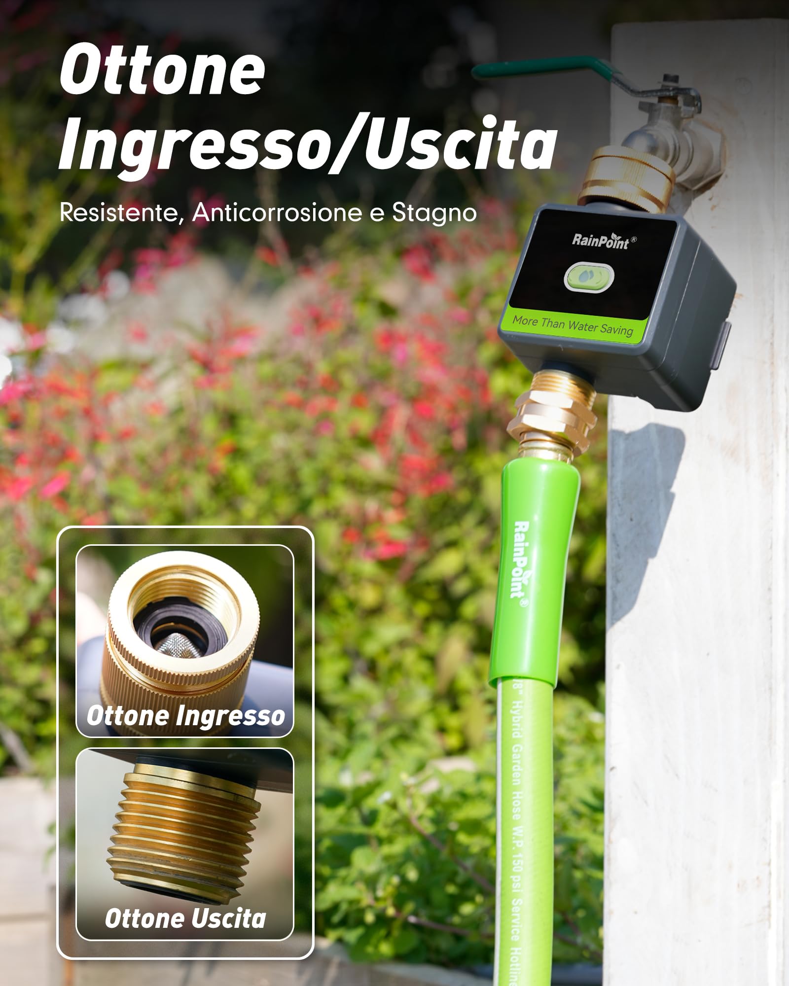 RAINPOINT Centralina Irrigazione WiFi, Timer Irrigazione Smart con Entrata e Uscita in Ottone e Gateway 100m, Sistema di Irrigazione Automatico per Giardino e Prato, Nero
