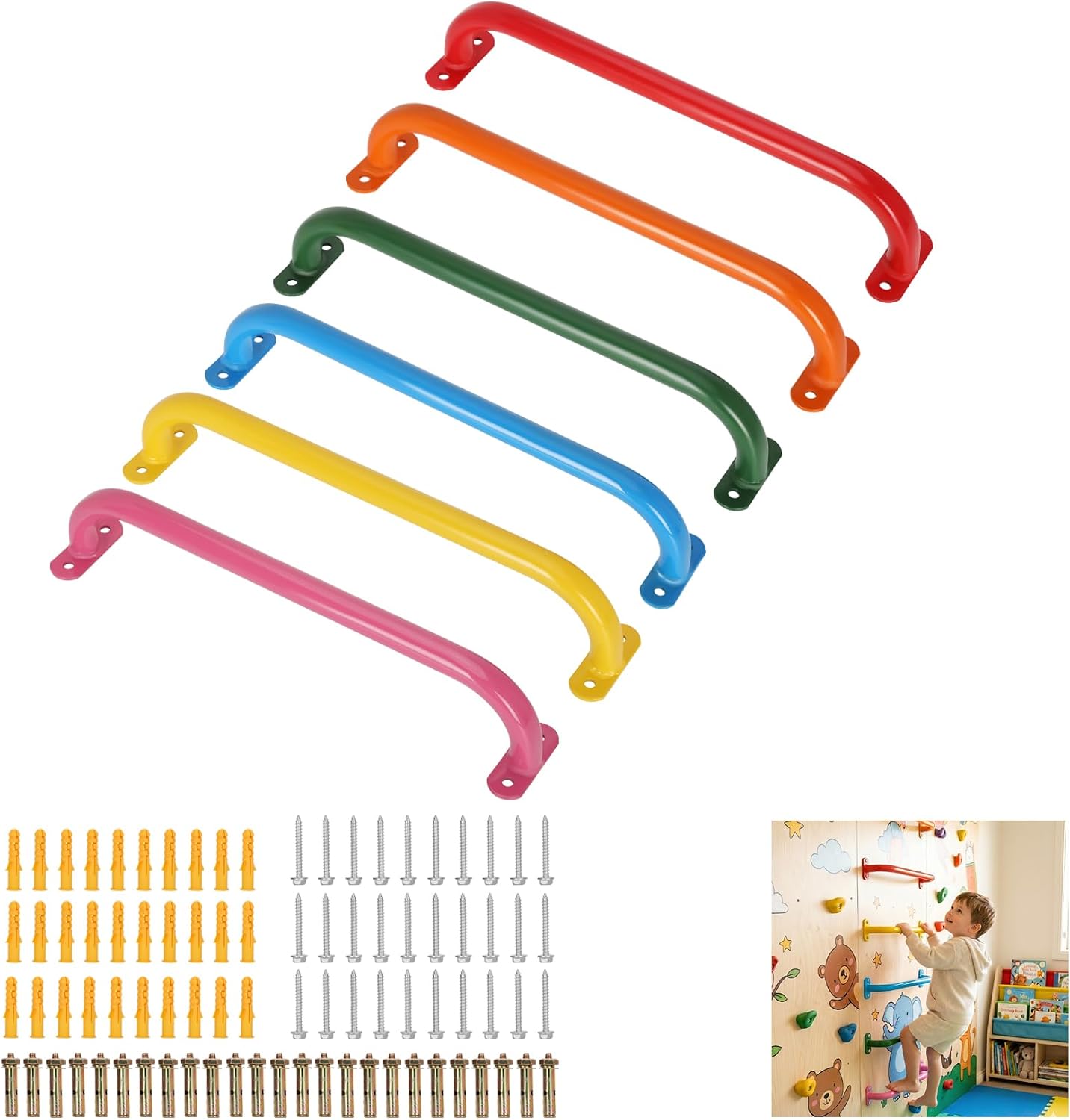 17 Inch Monkey Bars Indoor, Metal Playground Handles, Heavy Duty Ceiling Grab Bars for Indoor/Outdoor Playgrounds, Climbing Frames, Wall ladders, Treehouses and Swing Set Accessories(6 Colors 6 Pack)