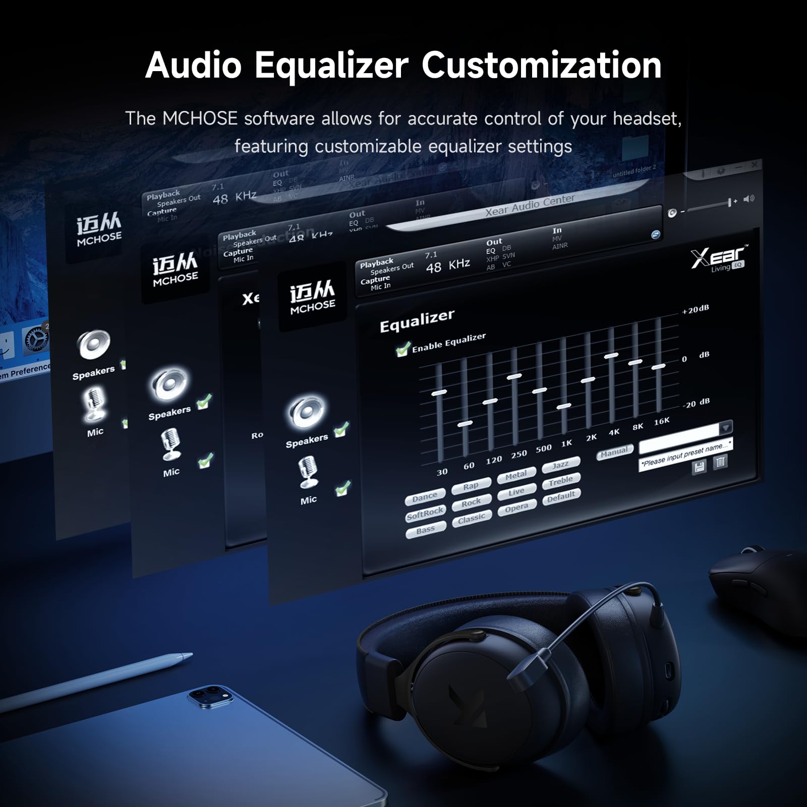 MCHOSE V9 Pro - Cuffie da gioco senza fili, suono surround 7.1 | Driver al neodimio da 53 mm, portata fino a 40 m, 15 ms a bassa latenza, equalizzatore personalizzabile, PC, PS5, Switch