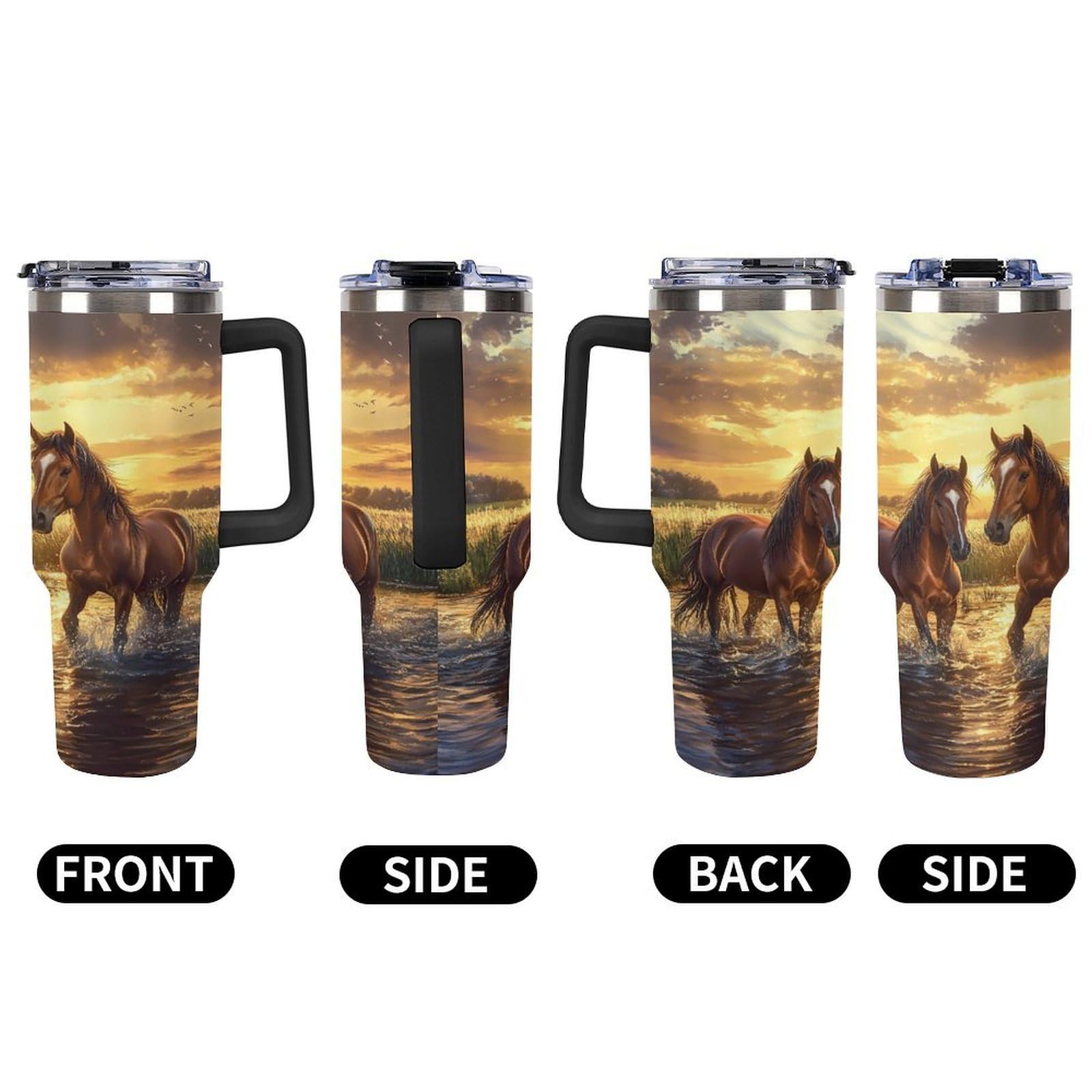 Reise-Kaffeebecher mit Griff, Motiv: Pferd, Sonnenuntergang, 1,2 l, große Kapazität, Autobecher, Wasserflasche