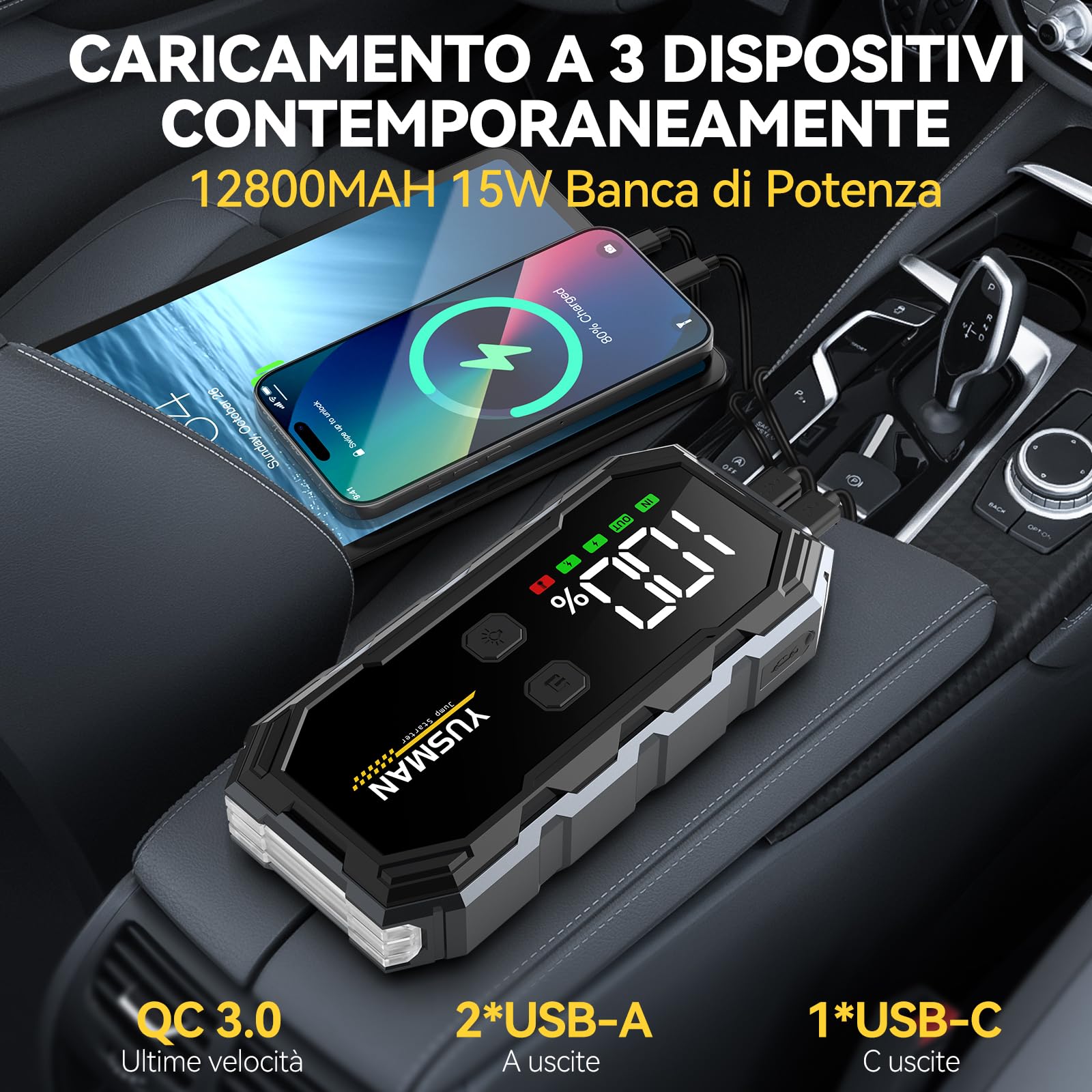 Avviatore Batteria Auto Portatile YUSMAN 4000A - Per 12V Fino A 7.0L, Power Bank E Torcia LED - Foto 5
