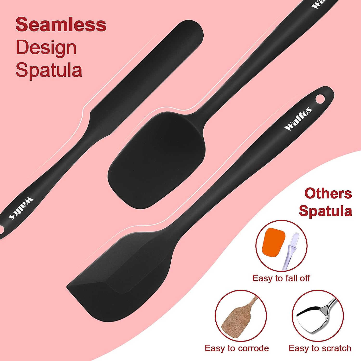 Walfos Silicone Spatula Set, 600ºF Heat Resistant Kitchen Scraper Spatulas, Strong Steel Core and One-Piece Design - Image 3