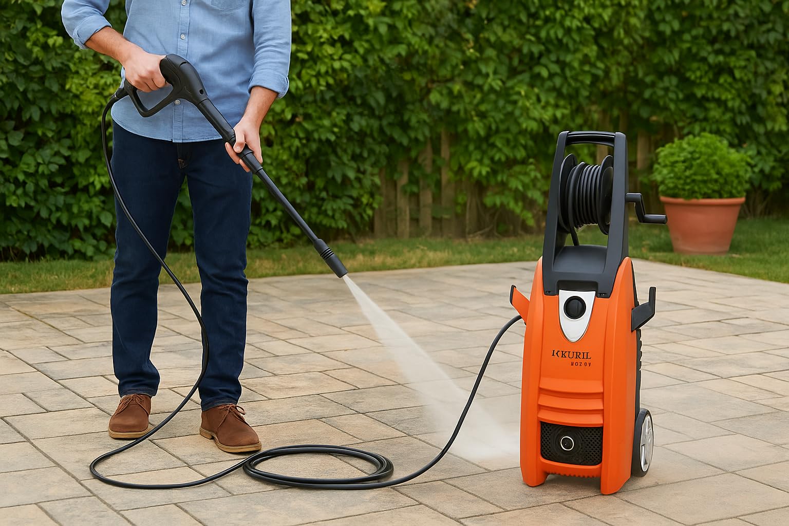 Kuril KW140 Hidrolimpiadora eléctrica 140 Bares – 1800 W, 6,7 l/min, Total Stop, 8 m Manguera, 2 lanzas y enrollador – Ideal para Coche, Patio, jardín