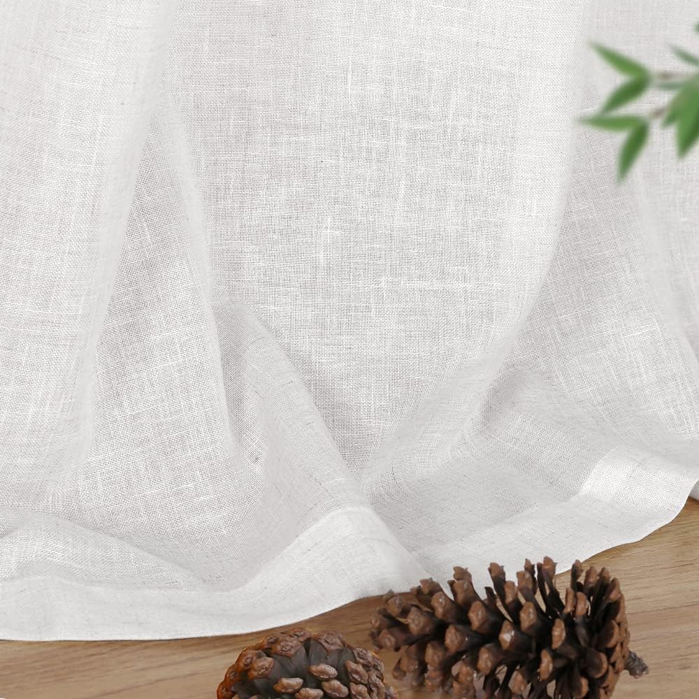 FantasDecor White Linen Curtains for Living Room 96 inch Length Rod Pocket Flax Linen Burlap Semi Sheer with Light Filtering Privacy Window Treatments for Bedroom, W52 x L96, White