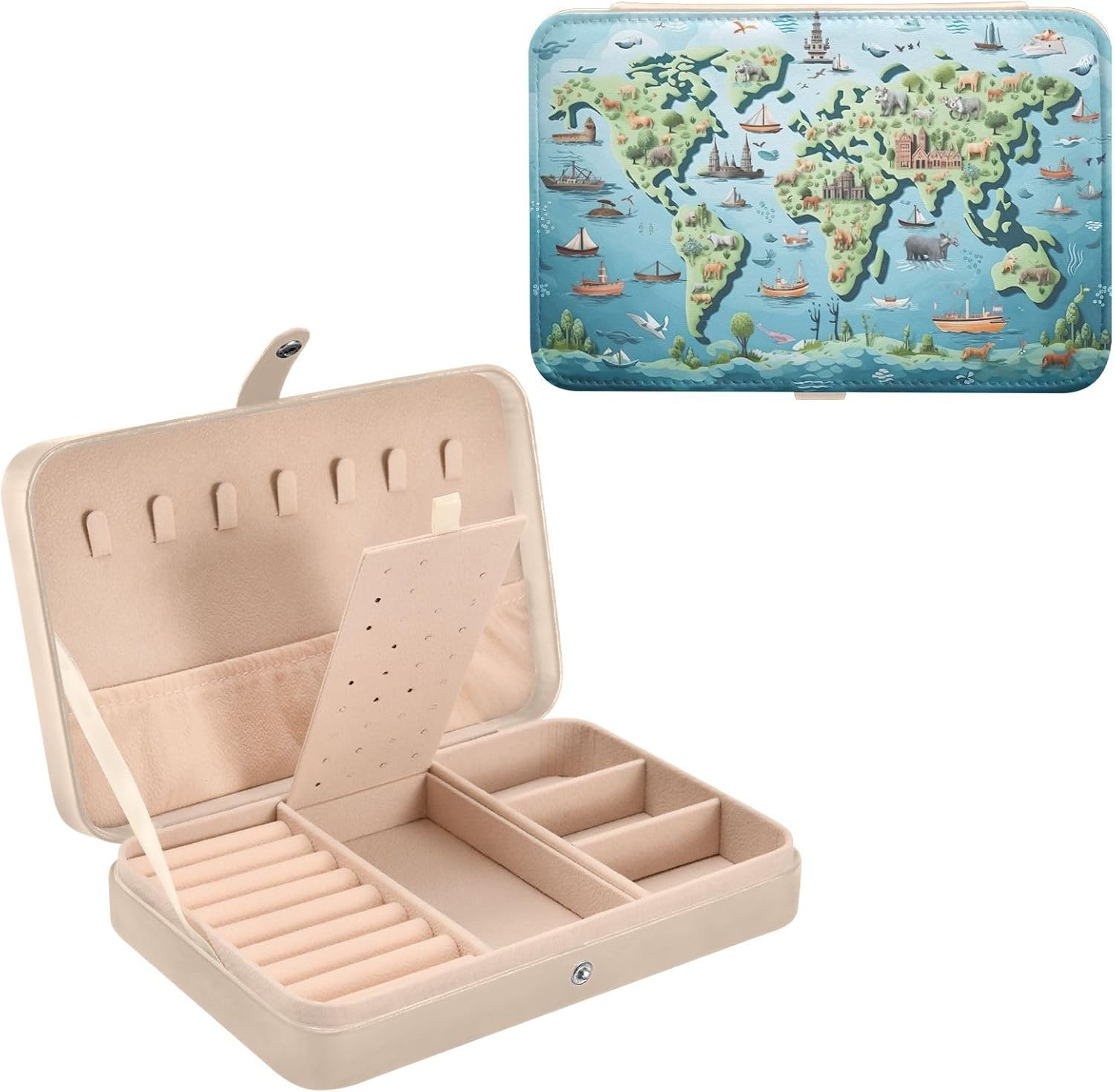 Kigai Cute World Map Jewelry Box for Women Girl PU Leather Travel Jewelry Case Jewelry Organizer Box Portable Display Storage Case for Necklaces Earrings Rings Bracelet