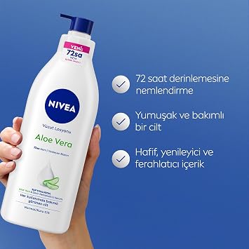 NIVEA Vücut Losyonu Aloe Vera 400 ml, Normal ve Kuru Ciltler için,72 Saat Nemlendirici,Hyaluron,Aloe Vera,Yenileyici Bakım