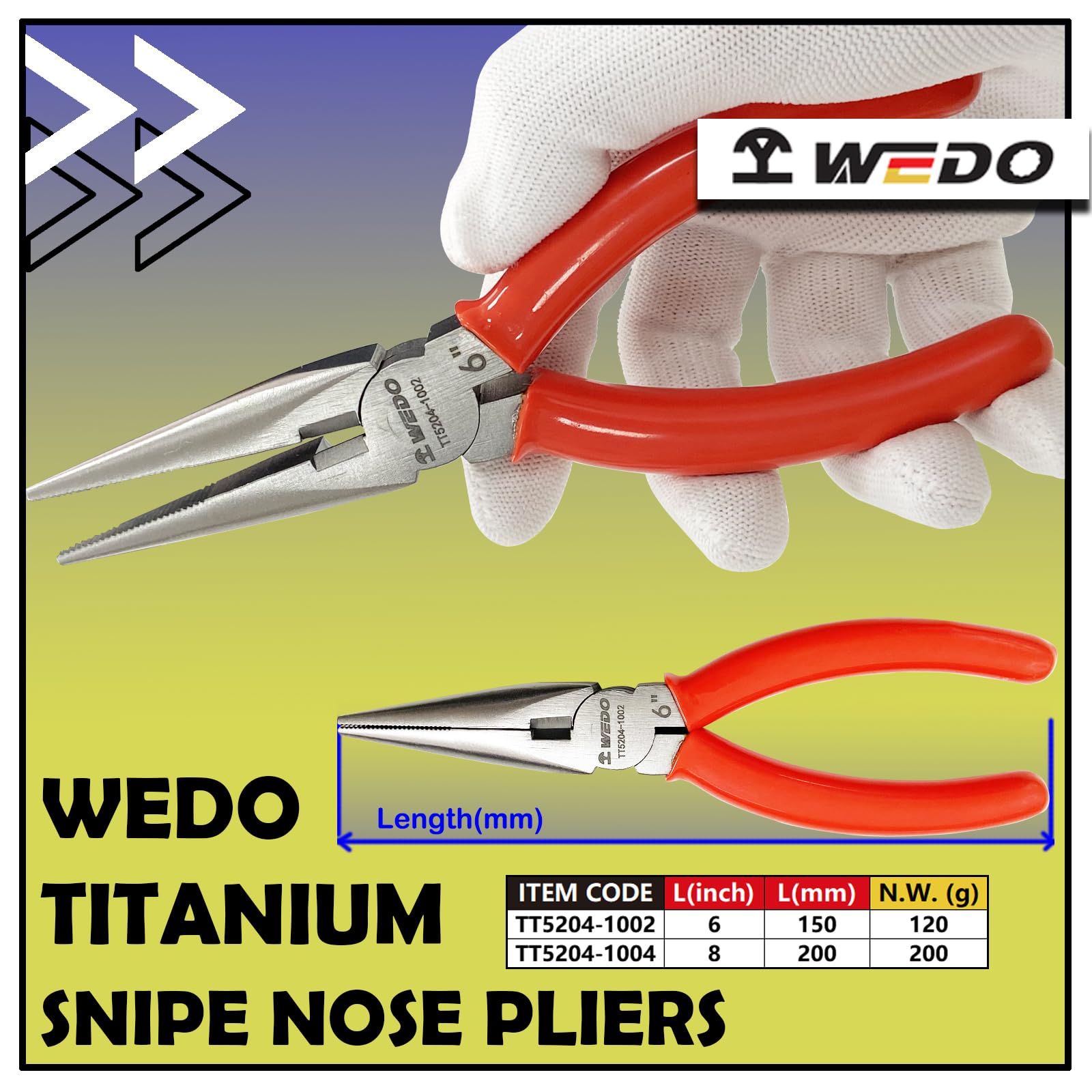 WEDO Pince à becs demi ronds courbes - 200mm,titane,Pince À Demi-Rondes/Becs Longs Gamme,non magnétique,résistante à la corrosion,antidérapante Poignée