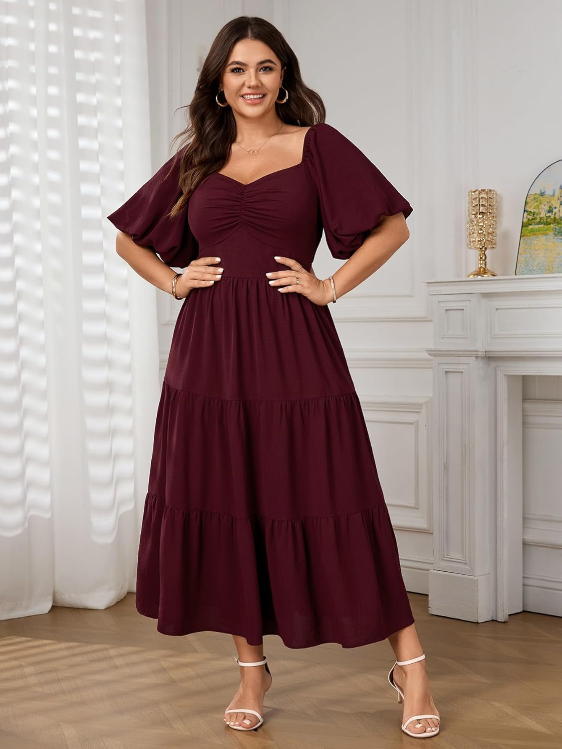 SHESTARR Womens Plus Size Dresses Wedding Guest Puffy Short Sleeve Sweetheart Smocked Tiered Flowy A Line Maxi Dress