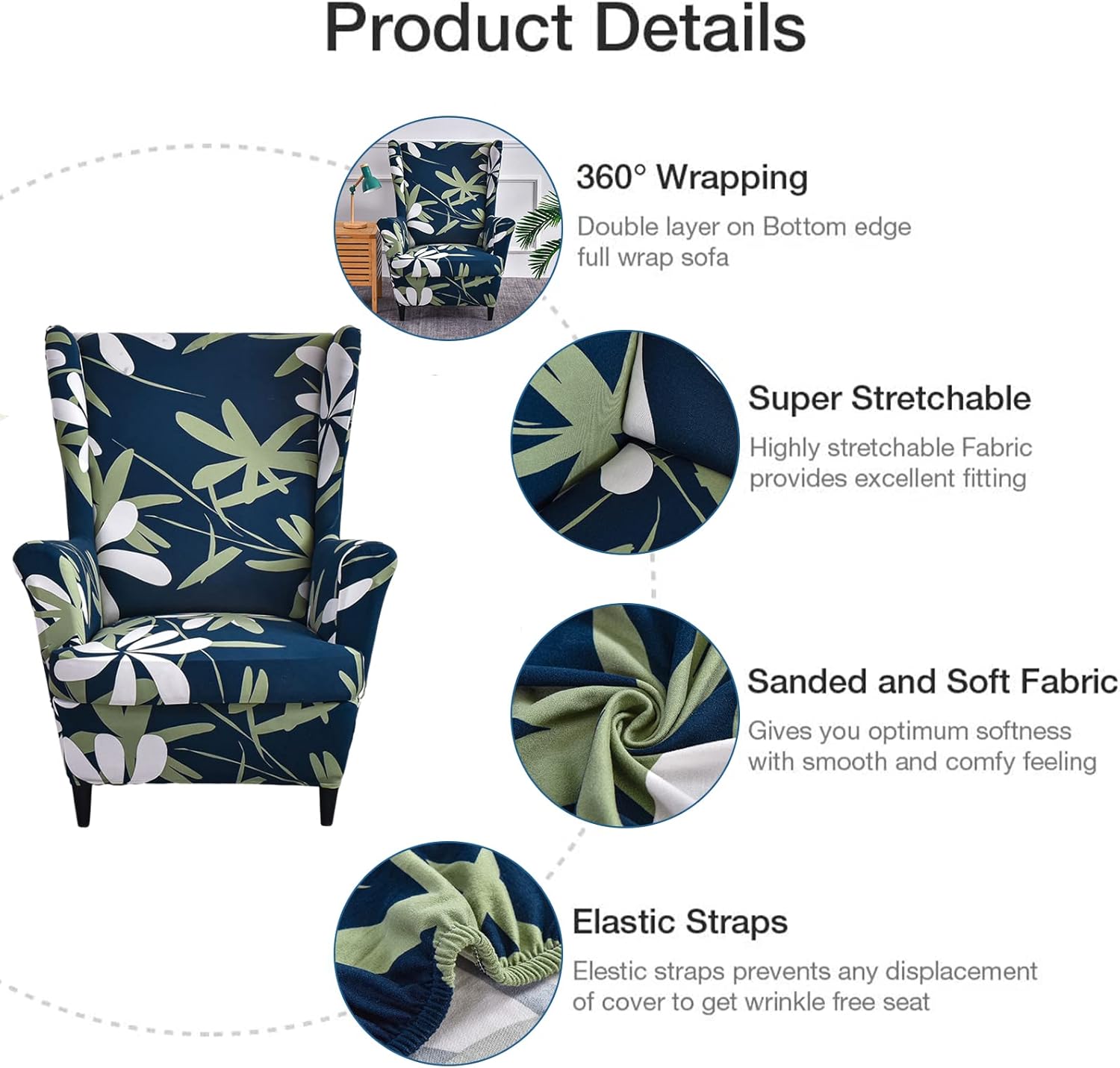 Wingback Chair Slipcover 2-Piece Stretch Wingback Chair Sofa Slipcover Armchair Cover Printed Furniture Protector Couch Soft with Elastic Bottom for Living Room, 02
