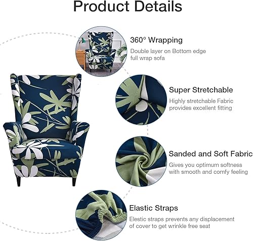 Miniatura 9 de NILUOH Wingback - Funda elástica para silla, 2 piezas, con respaldo de ala, funda protectora de muebles impresa, suave con parte inferior elástica