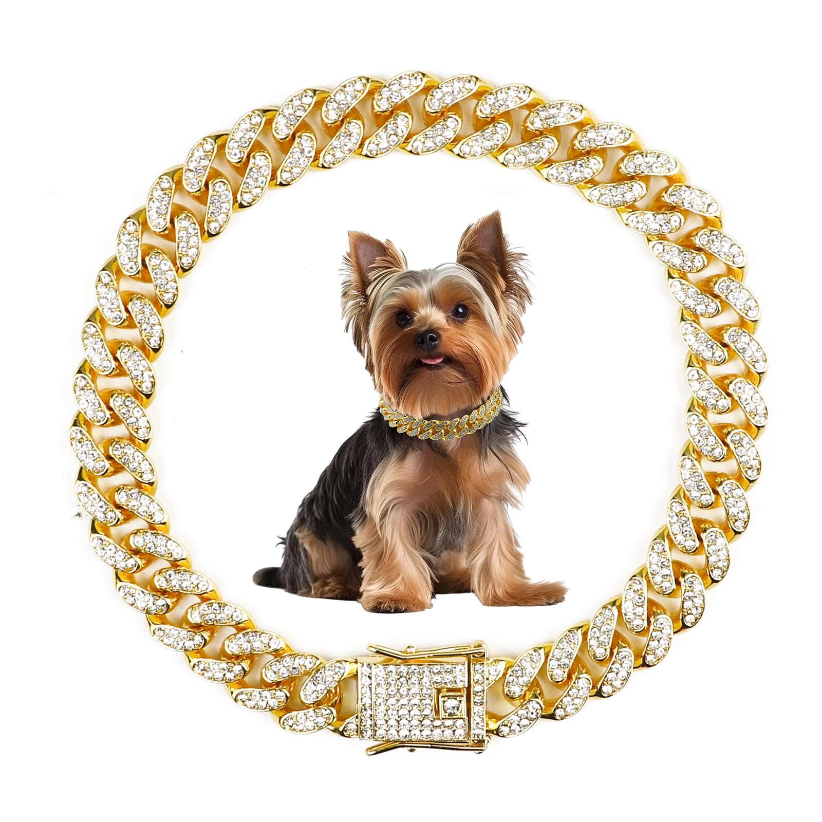Cuban Dog Chain Collars, Gold Crystal Pet Necklace, Metal Pet Necklace with Safety Buckle Lock, for Small Medium Large Dogs Cats (12 Inch)