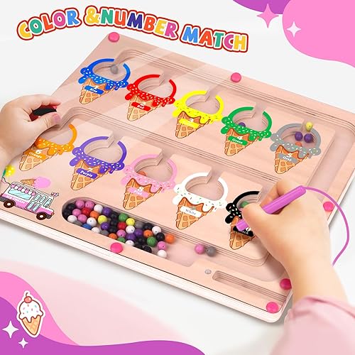 Miniatura 5 de wakeInsa Laberinto magnético de color y números, juguete Montessori para niñas y niños de 2 a 5 años, rompecabezas de bolas magnéticas de madera,