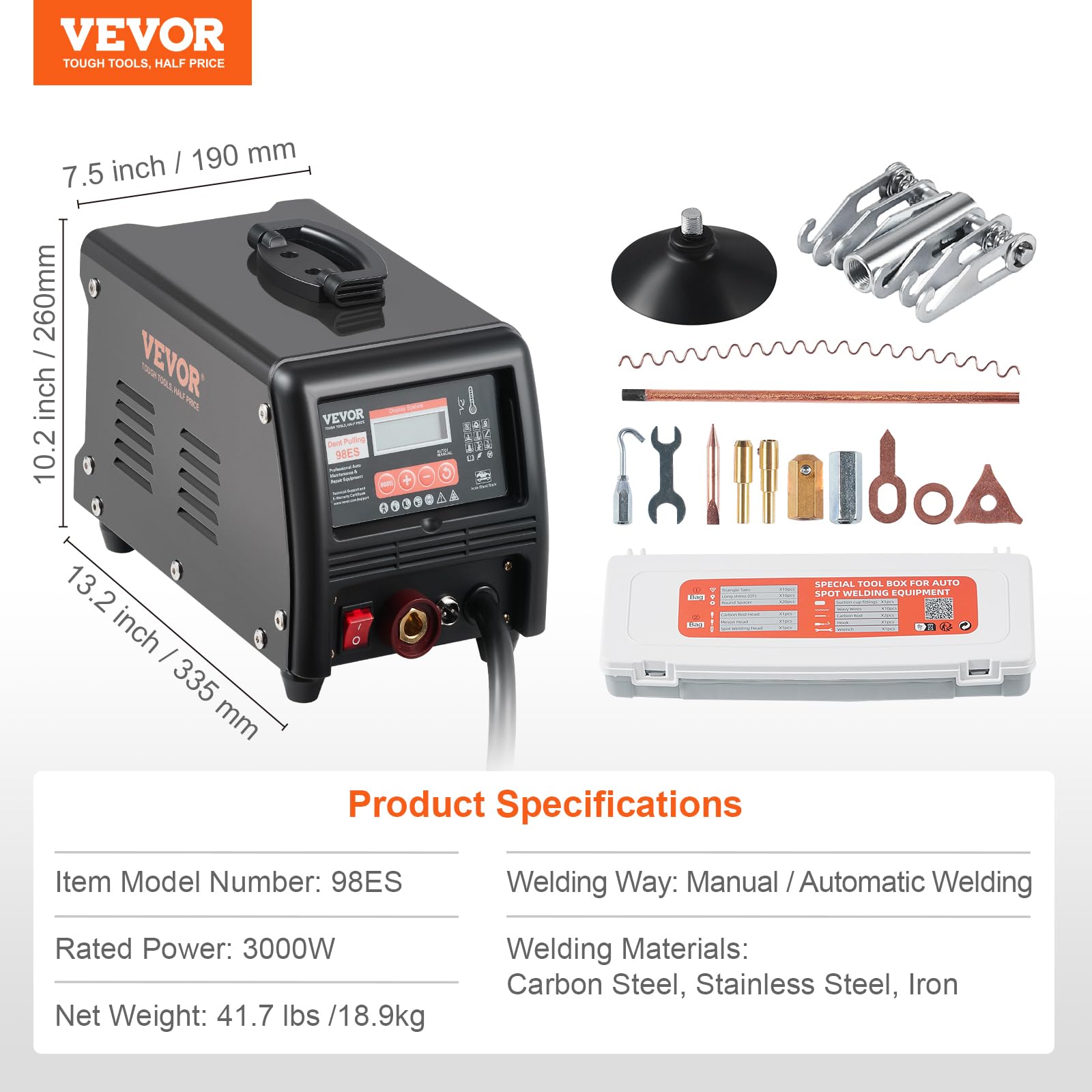 VEVOR Ausbeulspotter, 3 kW, Dellenreparaturset, Dellenzieher mit automatischem/manuellem Schweißen und 9 Modi, Autokarosserie-Punktschweißgerät, Dellenzieher für die Dellenreparatur von Autos & LKWs