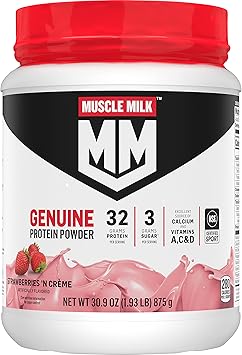 Muscle Milk Genuine Protein Powder, Strawberries N Cr me, 1.93 Pounds, 12 Servings, 32g Protein, 3g Sugar, Calcium, Vitamins A, C & D, NSF Certified for Sport, Energizing Snack, Packaging May Vary