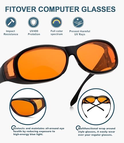 Miniatura 4 de BLUELESS Fitover - Lentes de computadora con bloqueo de luz azul y lentes de dormir teñidos de naranja, color negro