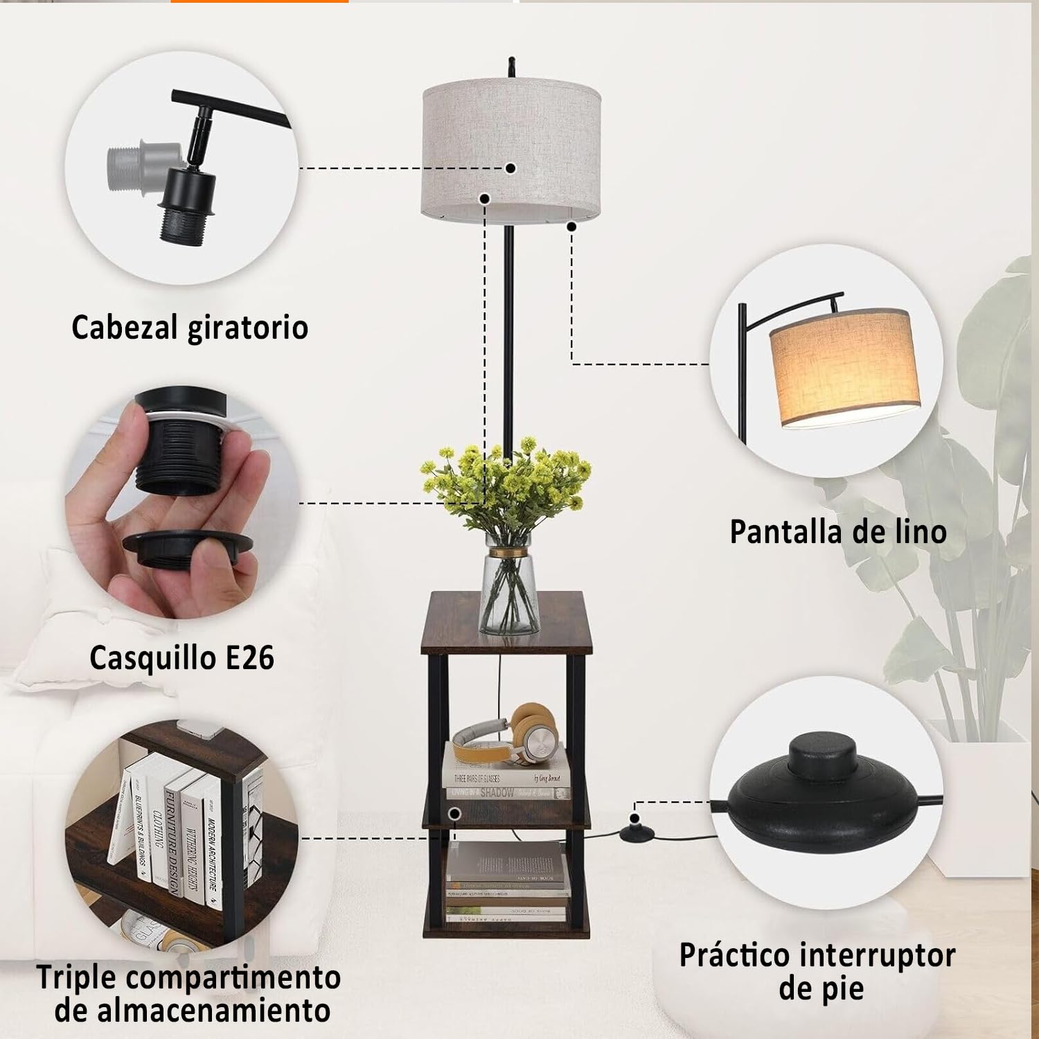 YU YUSING Lámpara de Pie para Salón con Mesa 3 Estantes, 150cm