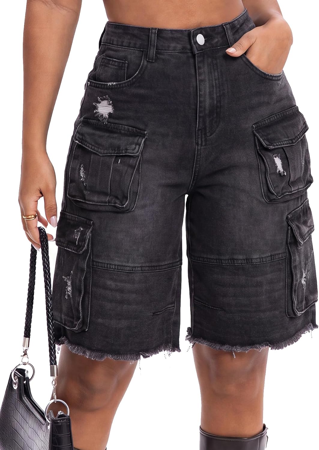 EZAPINE Women’s Summer Bermuda Shorts Ripped High Waisted Denim Shorts Stretch Wide Leg Jean Shorts