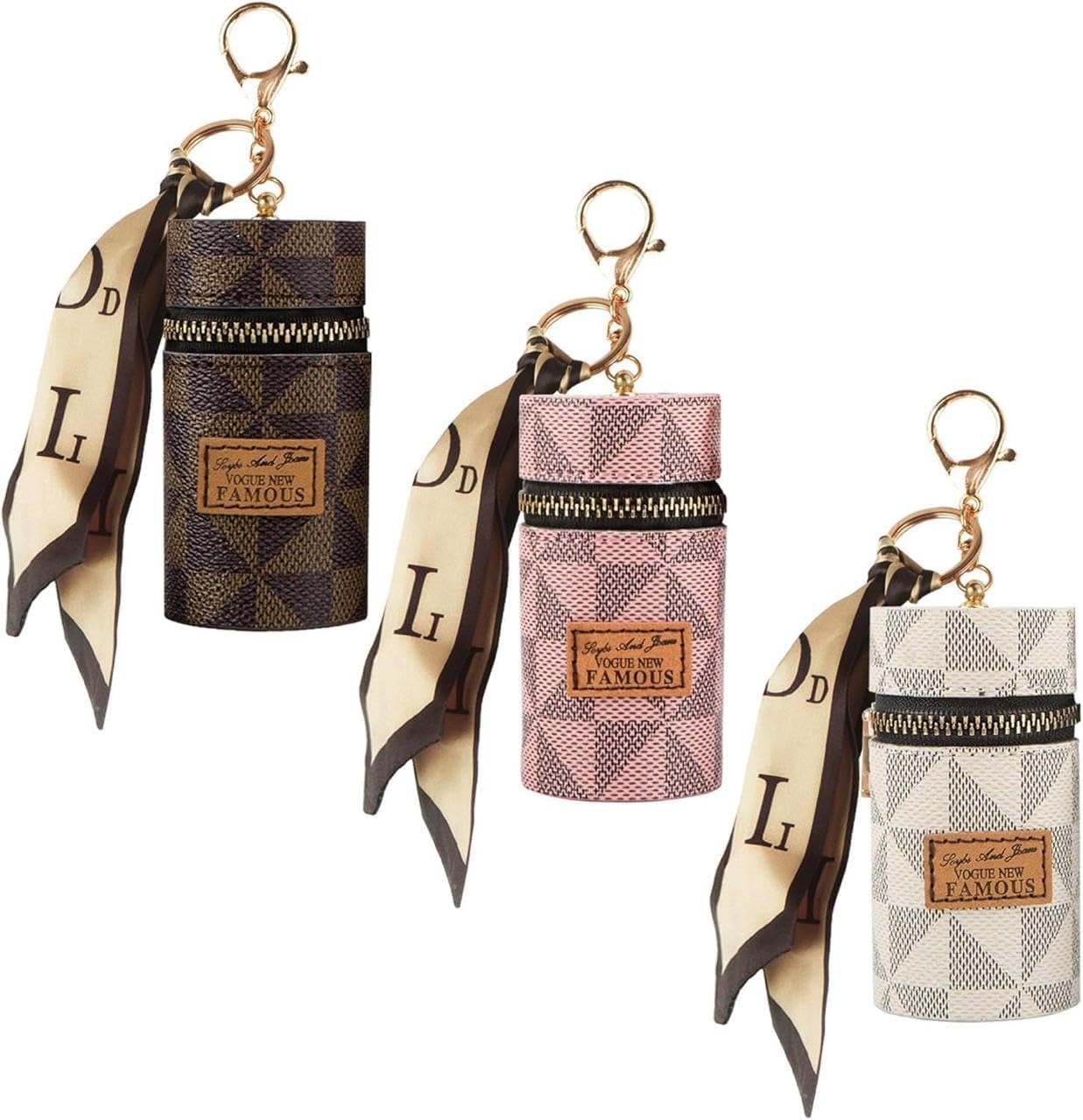 Luxury Geometric Checkered Mini Cylinder Multipurpose Keychain Pouch with Decorative Monogrammed Silk Scarf and Gold-Tone Swivel Lobster Clasp Hardware