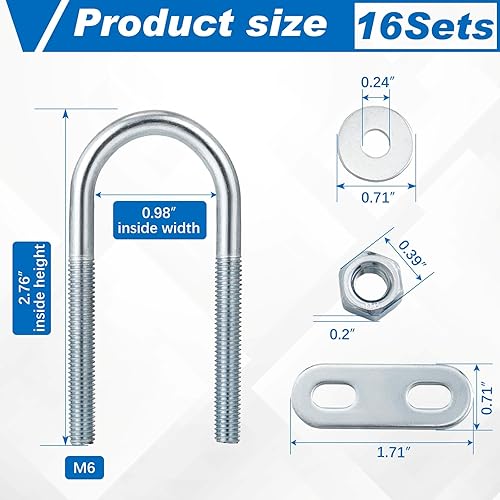 Miniatura 2 de Therwen 16 juegos de pernos redondos en U de acero chapado en zinc, abrazadera en U con arandela de placa de tuerca (M6 x 0.984 in x 2.756 in)