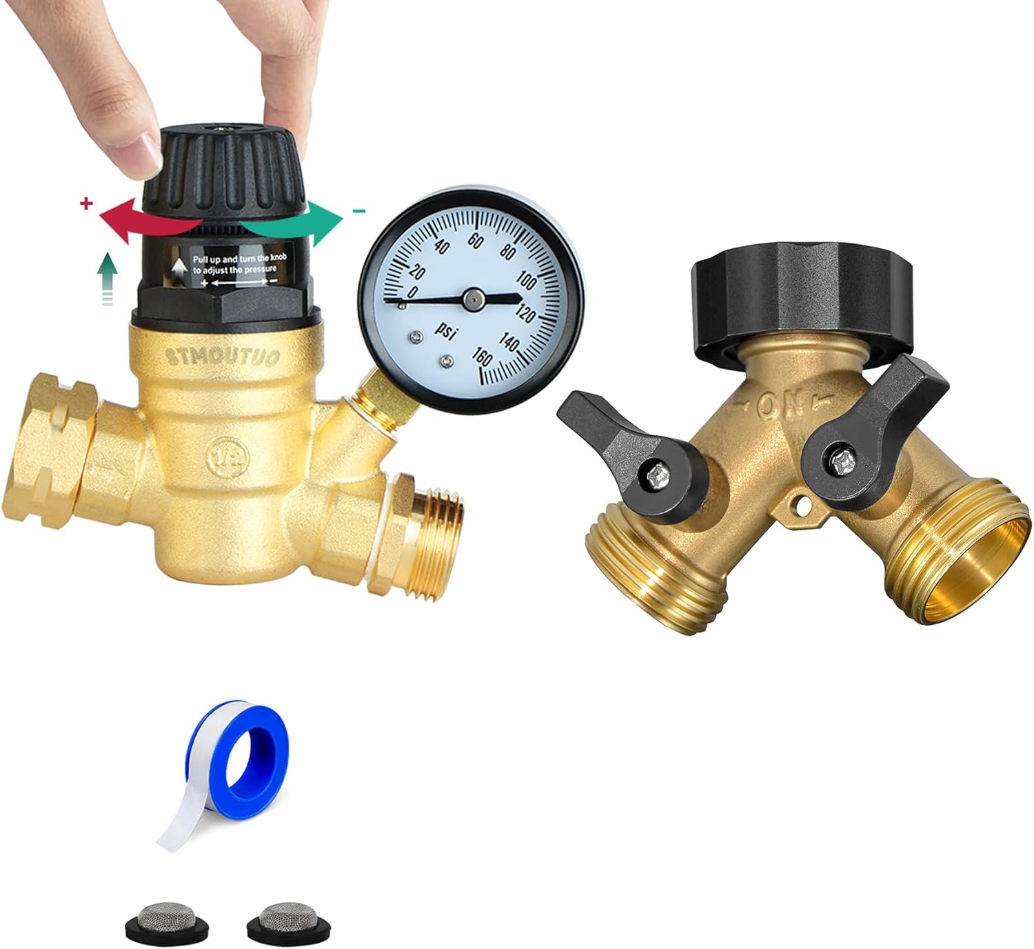 RV Water Pressure Regulator and Heavy Duty Solid Brass Splitter