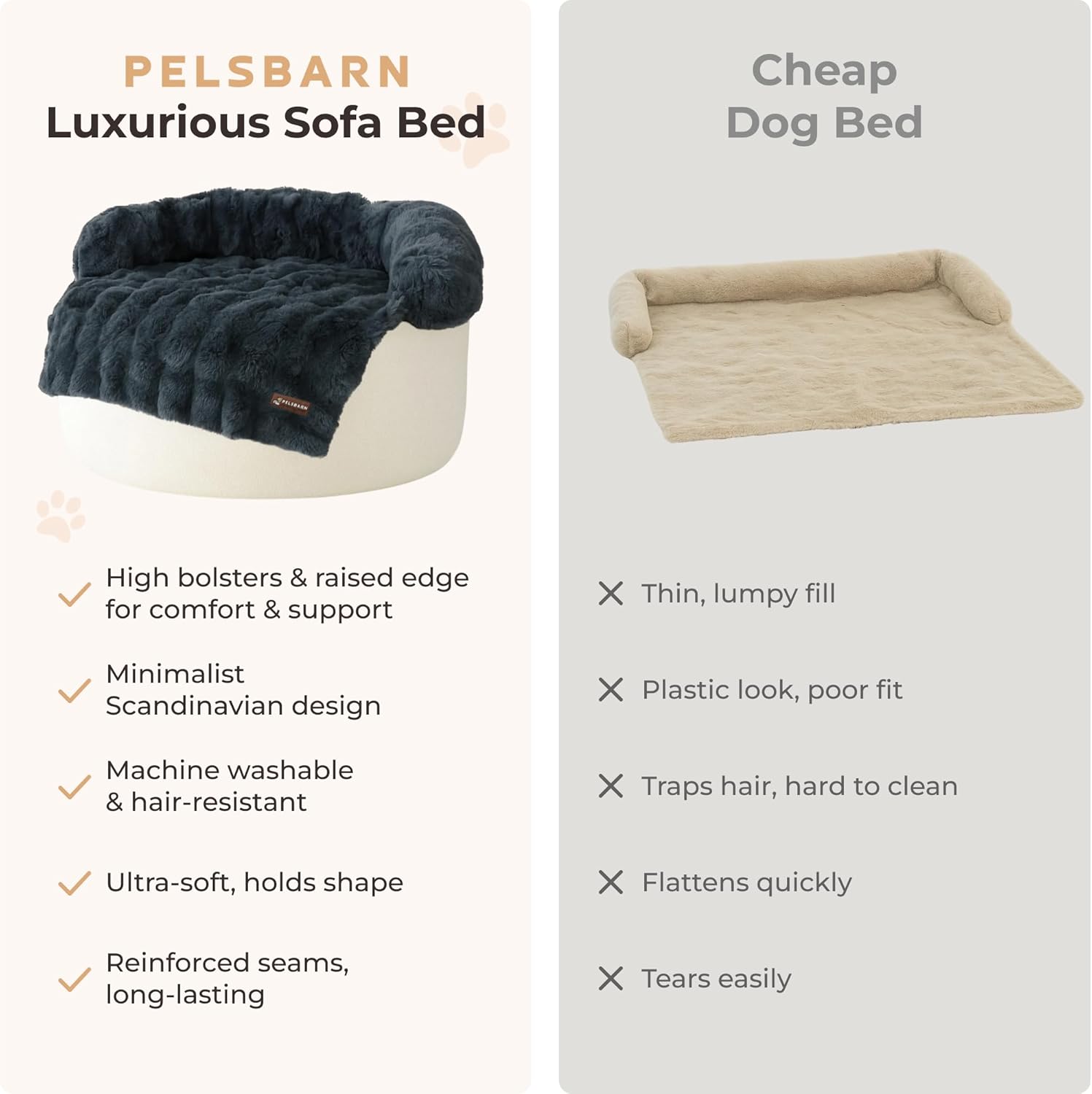 Pelsbarn Dog Bed for Couch, Luxurious Sofa Bed for Dogs with Non-Slip Oxford Bottom - Faux Rabbit Fur with Removable Cover, Small, Gray - 28x28 in