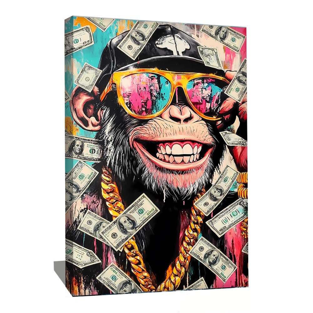 Alessio Cacciatore Quadro Pop Art Animali - Decorazione da parete Hip Hop - Stampa su tela Scimmia - Quadro Graffiti Street Art - Poster decorativo da parete colorato - Tela umoristica (60 x 40 cm)