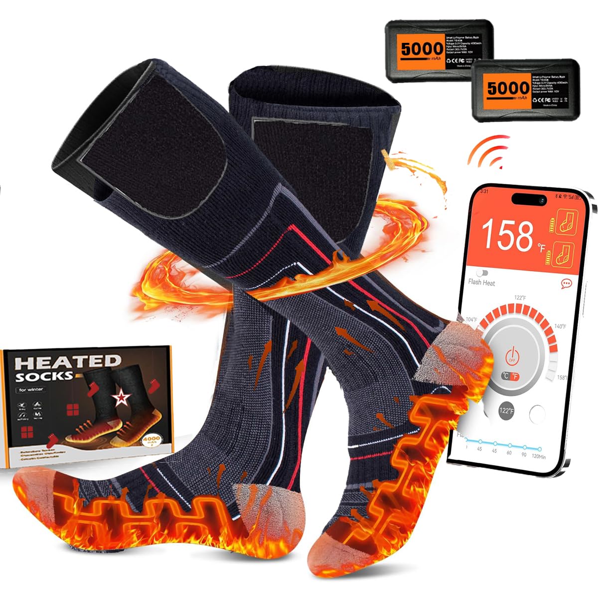 5000mAh wiederaufladbare beheizte Socken für Männer Frauen, APP gesteuerte Ski Socken, maschinenwaschbare Thermal Socken für Skifahren, Jagd, Angeln, Reiten