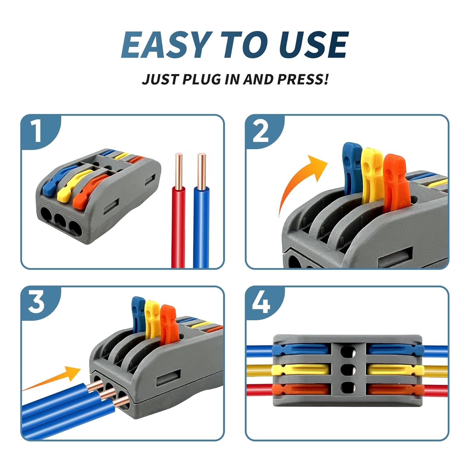 47pcs Lever Wire Connectors with Electric Measuring Hole, 2 in 2 Out Quick Electrical Splice Connectors for 28-12 AWG Wires - Compact Inline Terminals for Secure 2 Circuit Connections