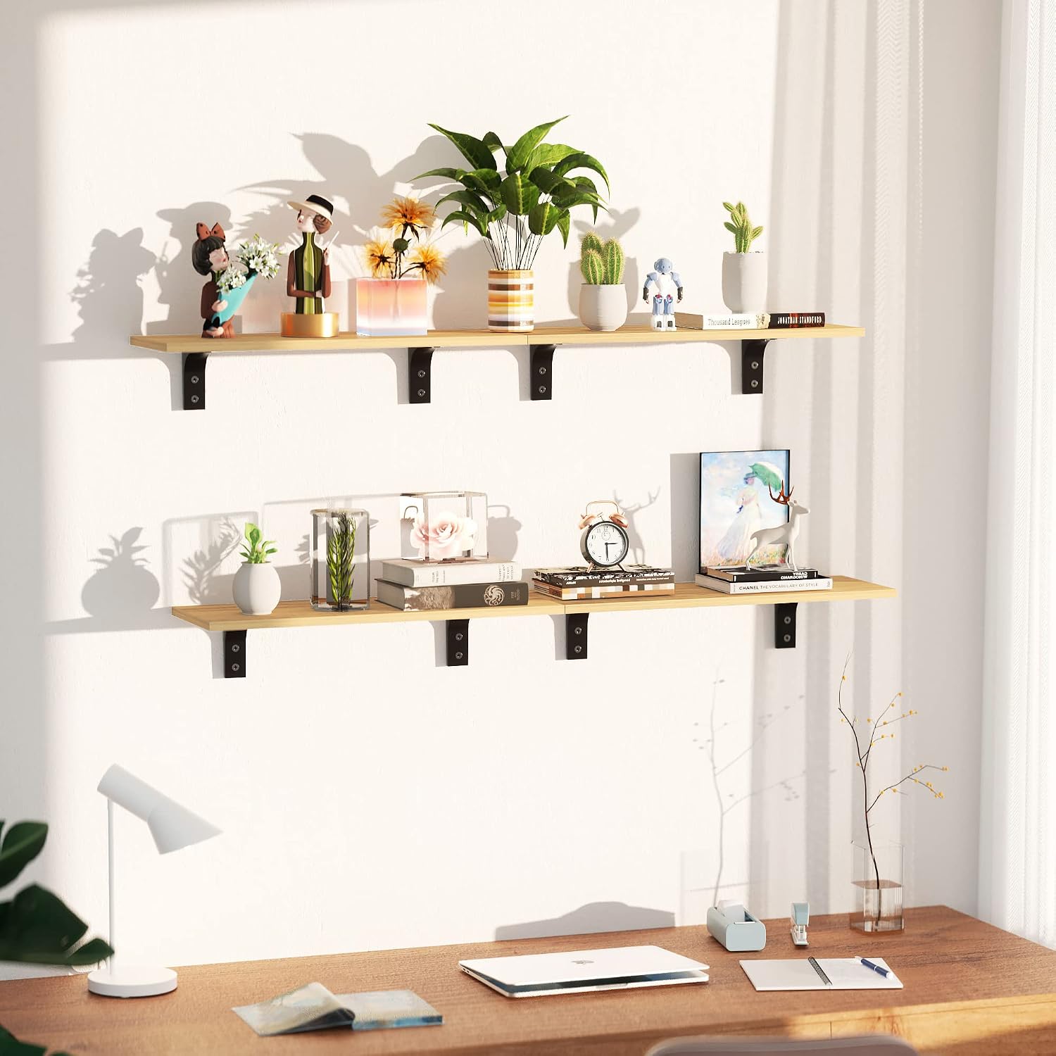 upsimples Floating Shelves for Wall Décor Storage, Wall Mounted Shelves Set of 5, Sturdy Wood Floating Shelves with Metal Brackets for Bedroom, Living Room, Bathroom, Over Toilet, Kitchen, Light Brown