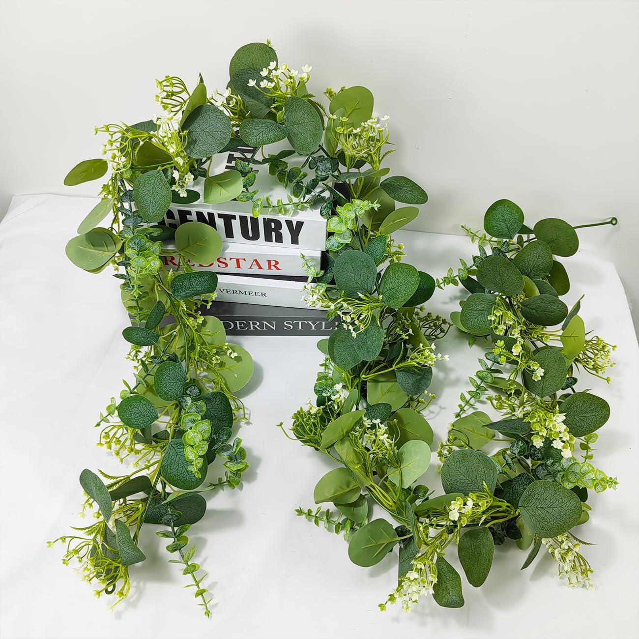 2 Pack Artificial Eucalyptus Garland - 5.9ft Faux Silk Greenery with Silver Dollar Leaves & Blossoms, All-Season Indoor/Outdoor Vine Greenery Garland for Weddings, Walls, Tables, DIY Spring Decor (2)