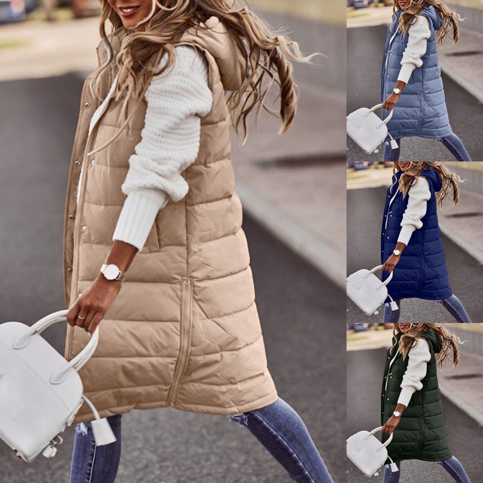 Veste matelassée pour femme - Long manteau d'hiver avec capuche - Sans manches - Manteau chaud et coupe-vent - Avec poches - Veste matelassée - Sport - Veste demi-saison - Tailles S à 5XL
