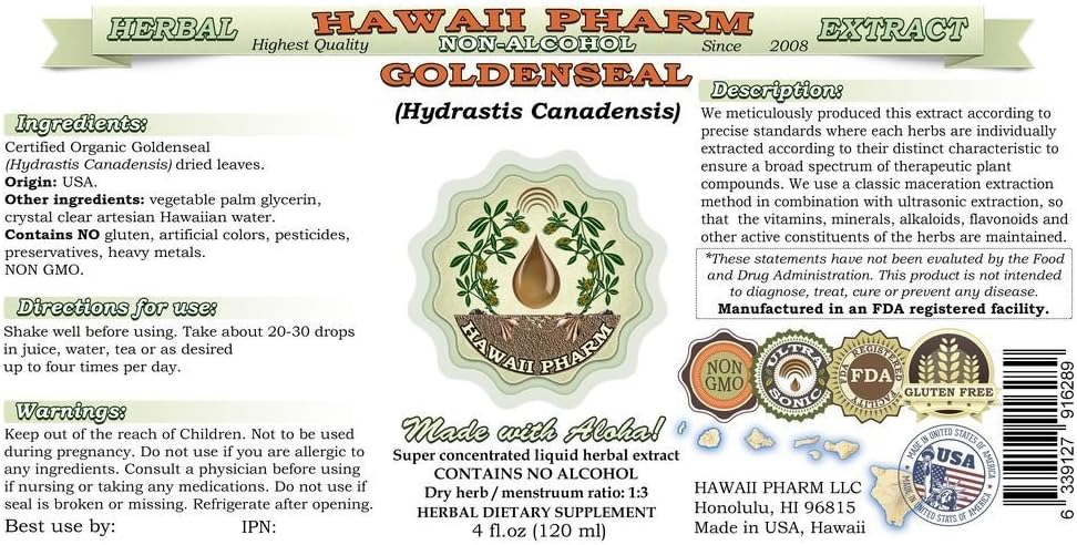 Hawaii Pharm Goldenseal Alcohol-Free Liquid Extract, Goldenseal (Hydrastis Canadensis) Dried Leaf Glycerite Natural Herbal Supplement 4x4 oz