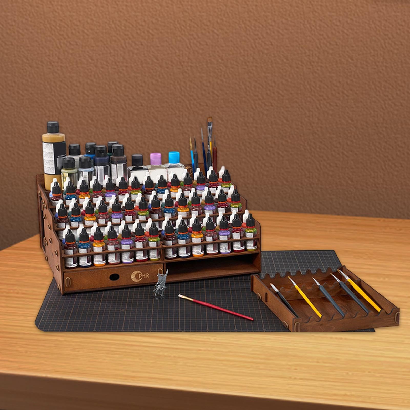 Qianly Paint Storage Organizer Holzstruktur Pinselhalter Aufbewahrungsfach Schublade Stifthalter mit Hoher Kapazität für Künstler Modellbau Heimwerkstatt, 98 Löcher