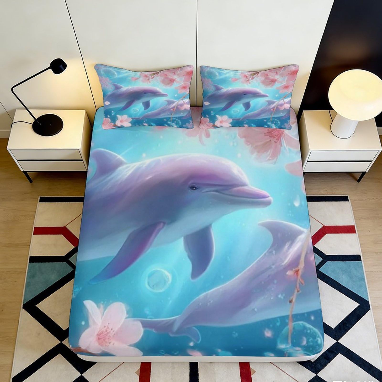 3D Printed Dolphin Ocean Fitted Sheet Microfiber Soft Breathable Sea Life Bed Cover for Bedroom Guestroom Decor 90x200x25cm