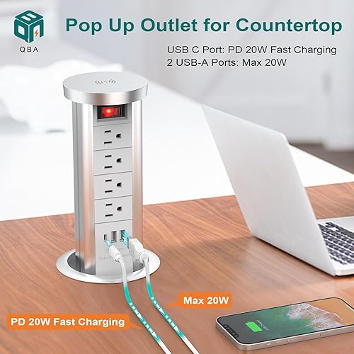 Miniatura 3 de Toma de corriente desplegable para encimera con PD 20W USB C, salida empotrada de encimera, 4 salidas de CA, 3 puertos USB y cargador inalámbrico de