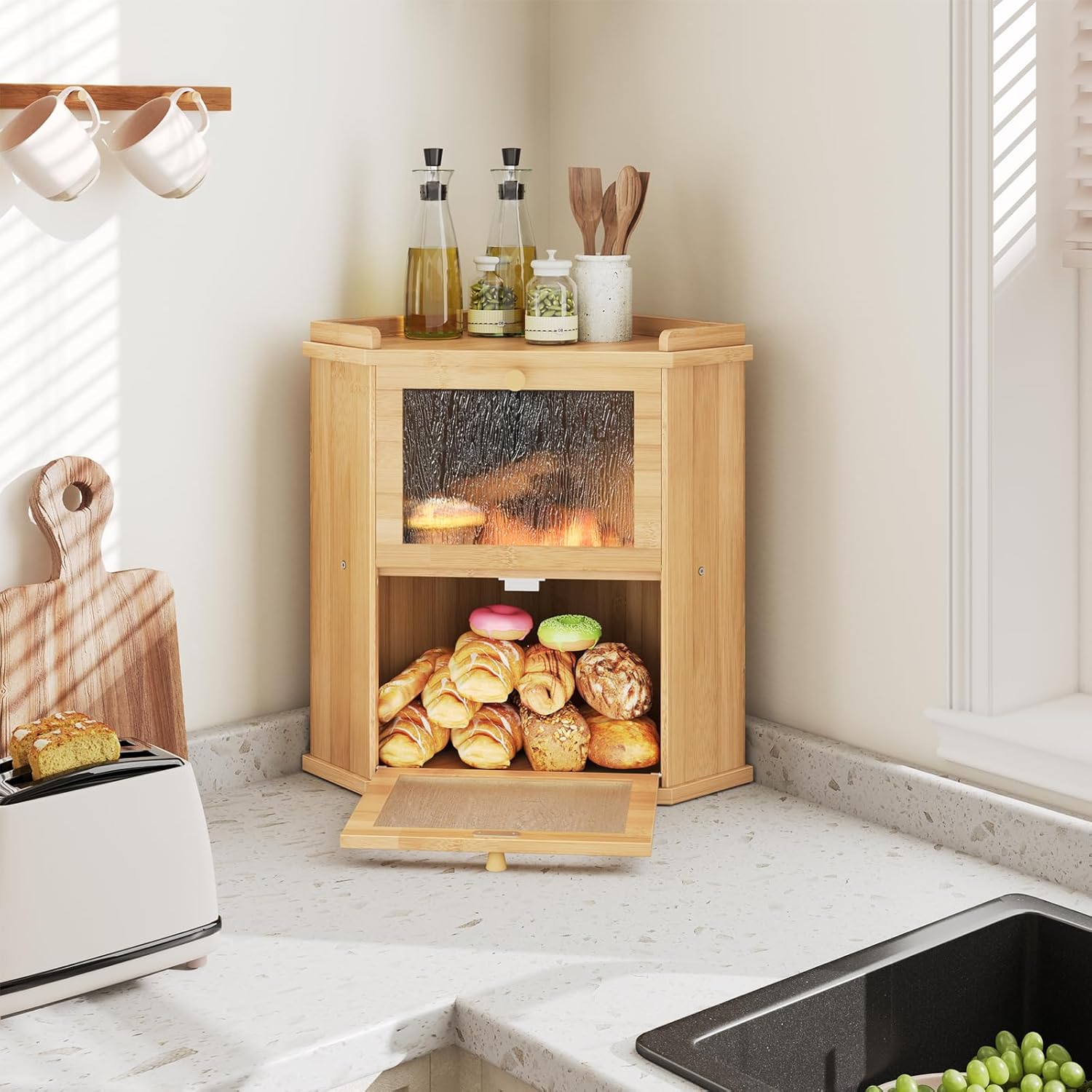 HOOBRO Bread Box, Bamboo Bread Box for Kitchen Countertop, 2-Tier Corner Bread Box, Food Storage Box, Bread Storage Container with Shelf, Bread Bin for Kitchen, Dining Room, Natural YL19MB01