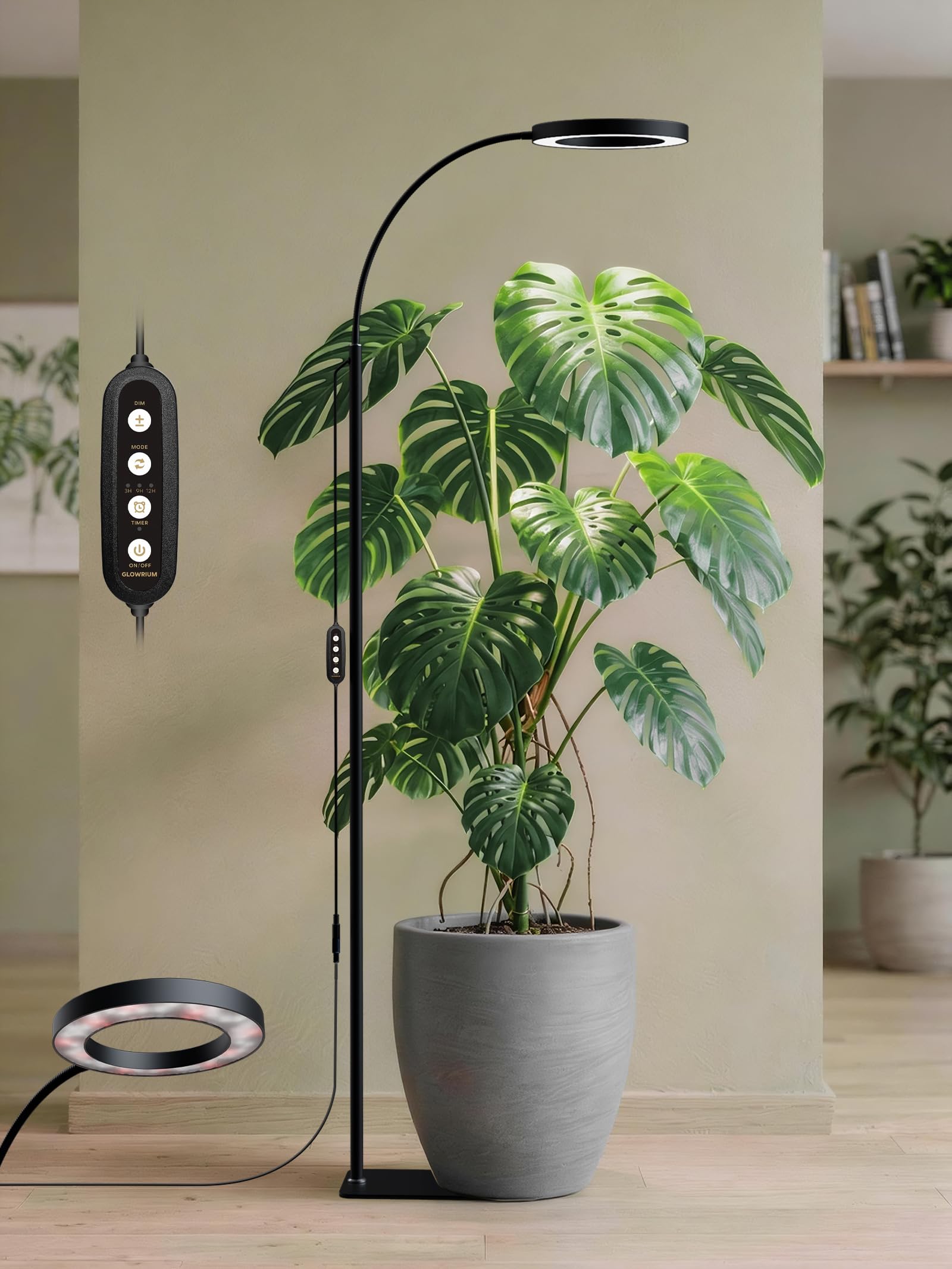 GLOWRIUM Lampes de croissance pour plantes d'intérieur, lampe de croissance LED à spectre complet avec support réglable en hauteur et angle, lumière noire avec minuterie de 3/9/12 heures (noir, tête