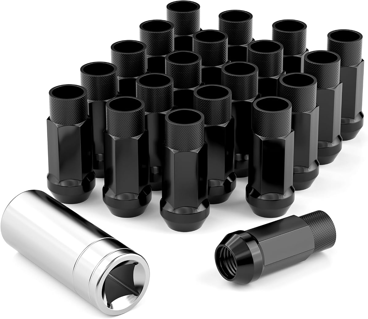 20PCS M12x1.5 Open End Lug Nuts for Toyota Honda Ford Aftermarket Wheels | 60°conical seat, fits Camry RAV4 Highlander CR-V Accord Civic Escape, forged steel anti-rust with matching spline key