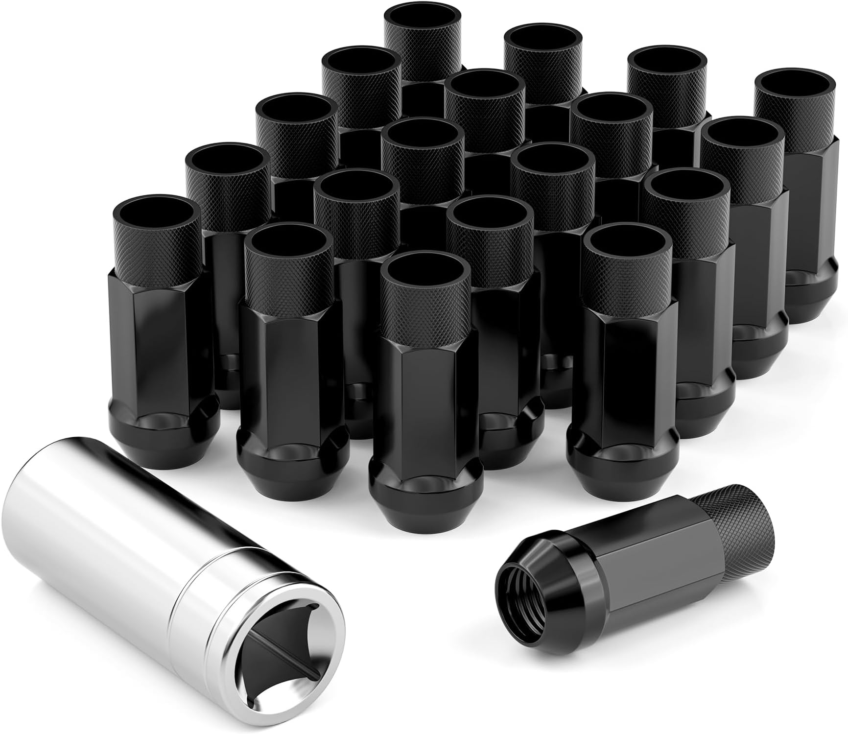 20PCS Black M12x1.5 Open End Bulge Acorn Lug Nuts - 60 Conical Seat - 48mm Height, Lug Nuts for Aftermarket Wheels with 1 Spline Tool/Key