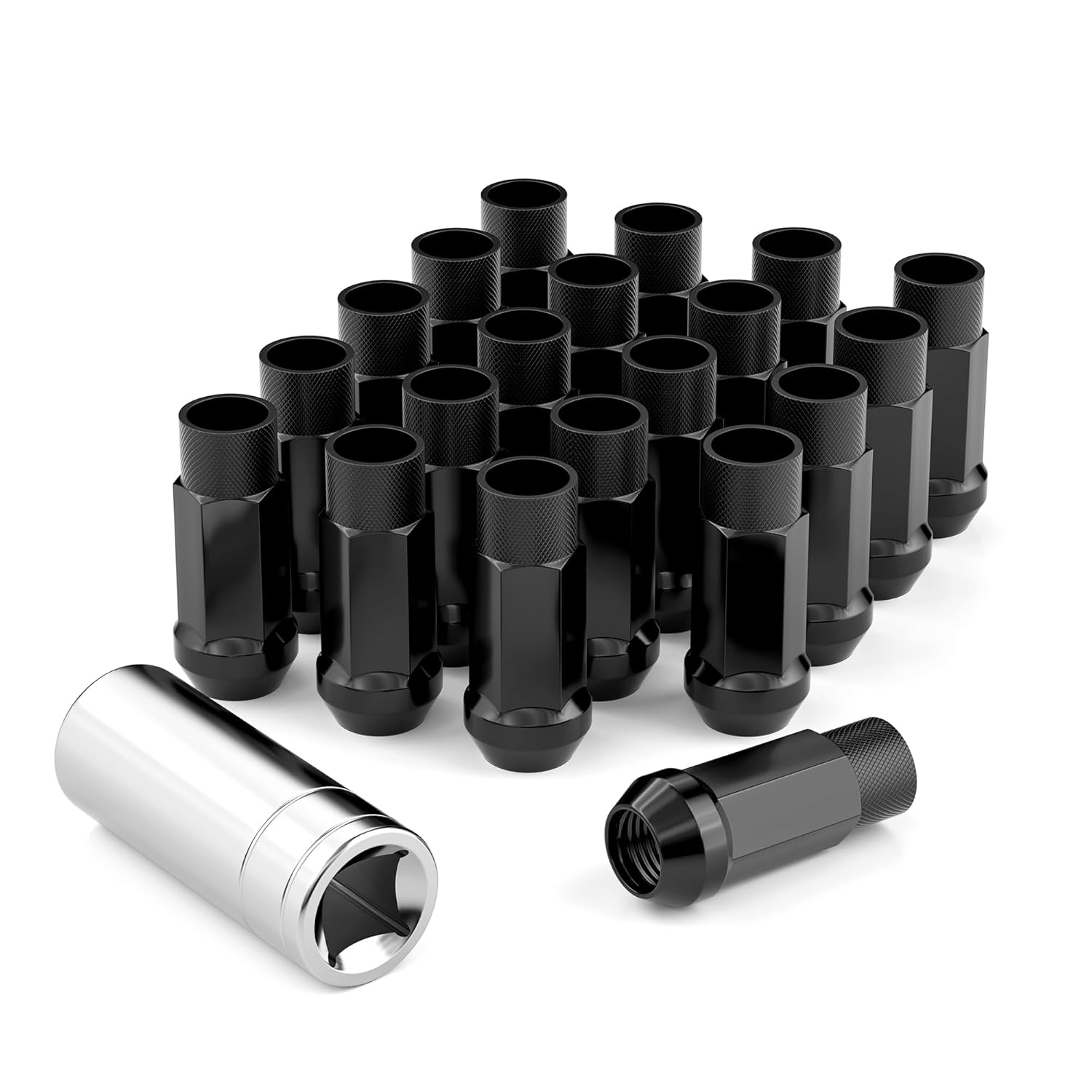 20PCS M12x1.5 Open End Bulge Acorn Black Lug Nuts - 60 Conical Seat - 50mm Height, Lug Nuts for Aftermarket Wheels with 1 Spline Key
