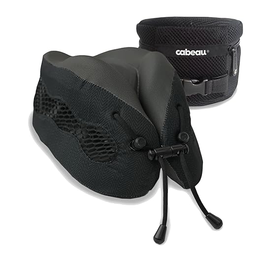 Cabeau Long Haul Flight Cooling Travel Neck Pillow – Evolution Cool – Supportive Memory Foam with Airflow Vents – Compact with Carrying Case (Black)