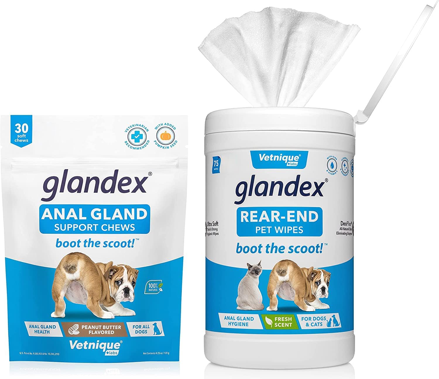30ct Peanut Butter Anal Gland Soft Chews with Glandex 75ct Pet Wipes Bundle by Vetnique Labs