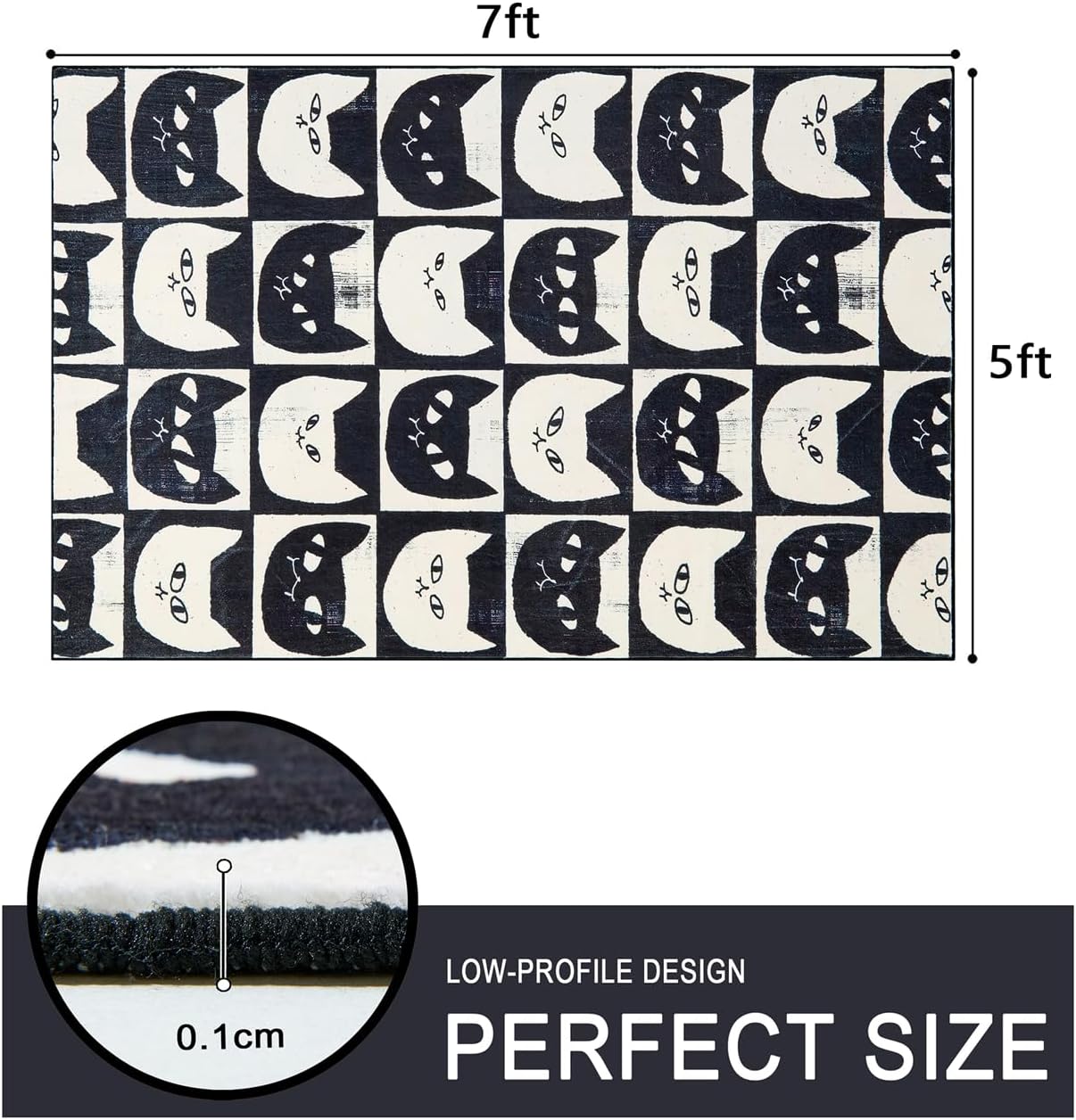 Estmy Black and White Cat Washable Rug, Ultra Thin Stain Resistant Vintage Checkered Aesthetic Cute Accent Bedroom Carpet Boho Fun Retro Art 5x7 Area Rugs for Kitchen Entryway Living Room Dorm