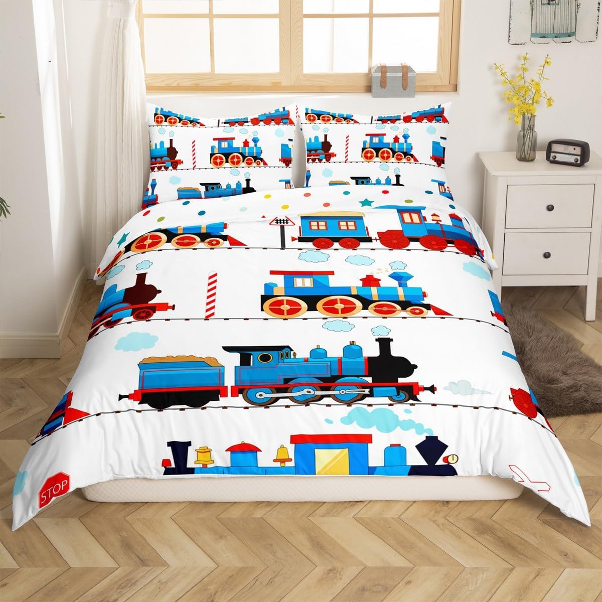jejeloiu Cartoon Vintage Train Comforter Cover King Size Kids Steam Engine Railway Transportation Bedding Set for Boys Girls Kawaii Retro Vehicle Locomotive Car Duvet Cover Room Decor (No Comforter)
