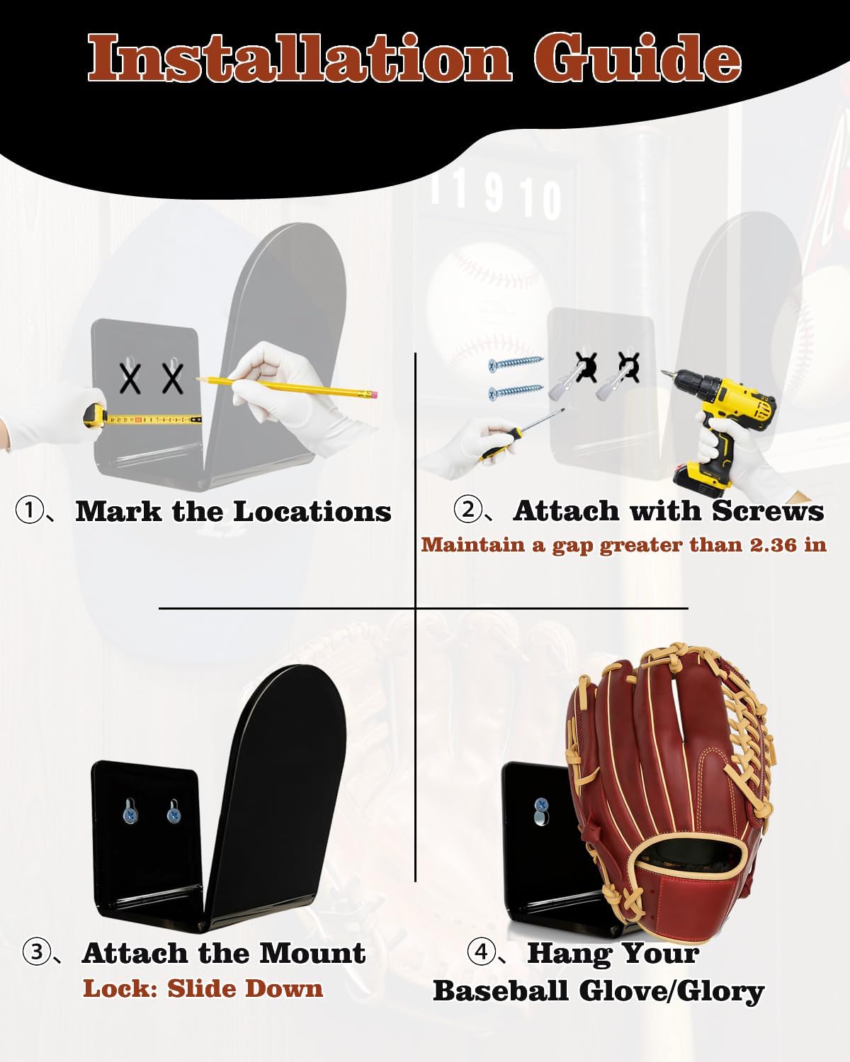 4 Pcs Baseball & Softball Glove Wall Mount Holder、Organizer 、Hanger、Stand、Frame, Keeps Glove Shape,Sports Decor Storage Display Rack for Bedroom、Living Room、Garage or Office, Great Gift for Players